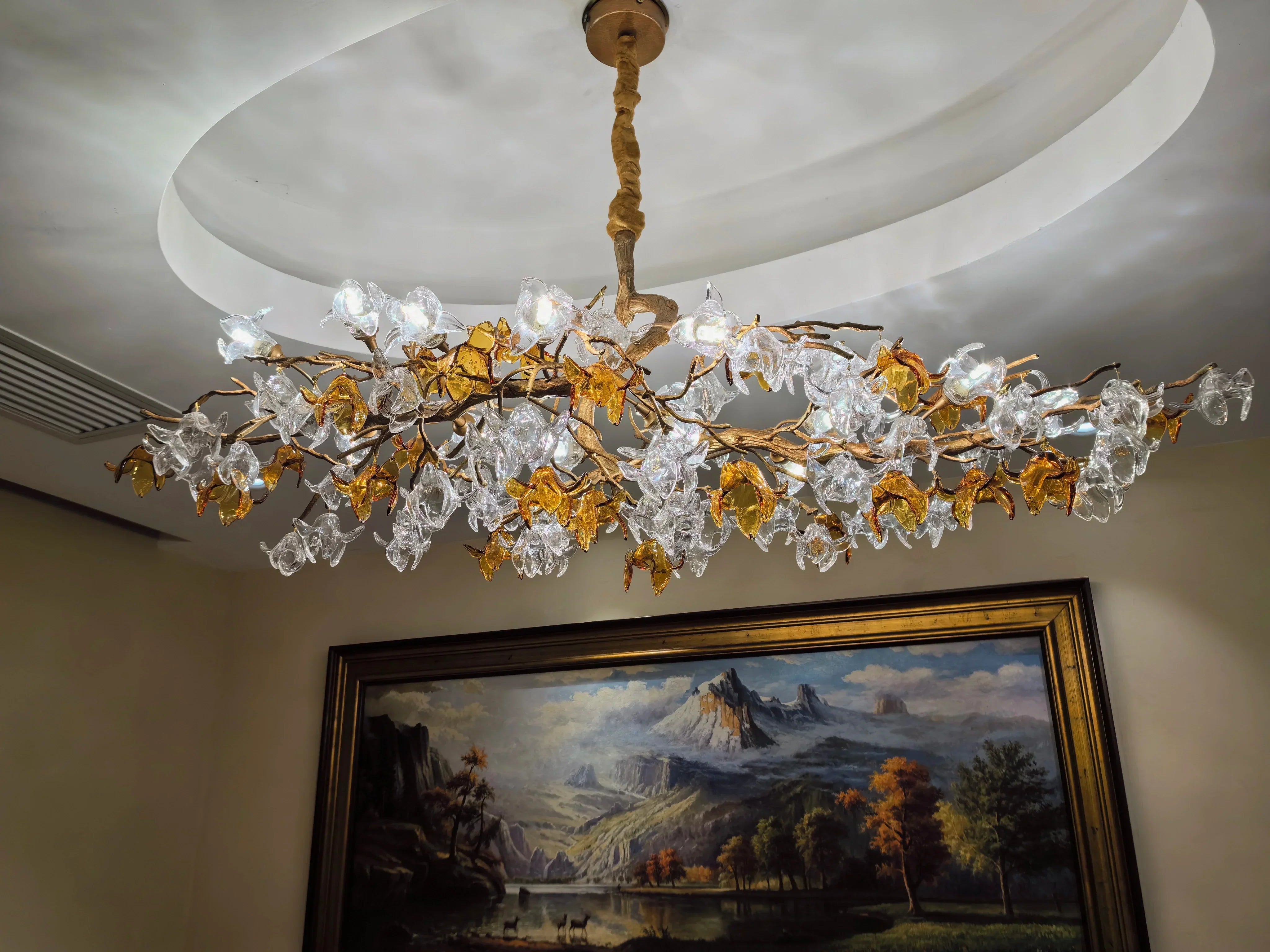 Designer Favorite Brass Branch Chandelier with Artistic Flower Glass for Dining Room Living Room and Kitchen Island-Chandeliers-Blushlighting