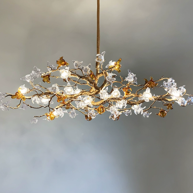 Designer Favorite Brass Branch Chandelier with Artistic Flower Glass for Dining Room Living Room and Kitchen Island-Chandeliers-Blushlighting