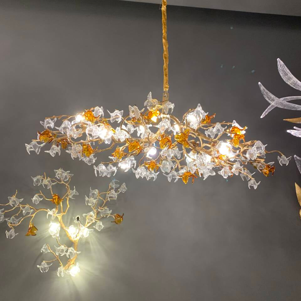Designer Favorite Brass Branch Chandelier with Artistic Flower Glass for Dining Room Living Room and Kitchen Island-Chandeliers-Blushlighting
