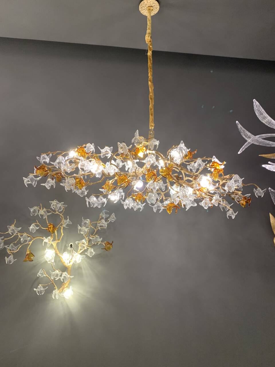 Designer Favorite Brass Branch Chandelier with Artistic Flower Glass for Dining Room Living Room and Kitchen Island-Chandeliers-Blushlighting