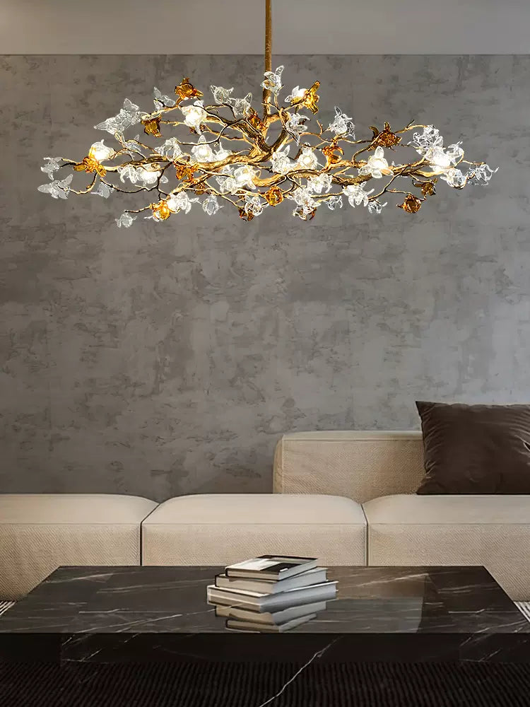 Designer Favorite Brass Branch Chandelier with Artistic Flower Glass for Dining Room Living Room and Kitchen Island-Chandeliers-Blushlighting
