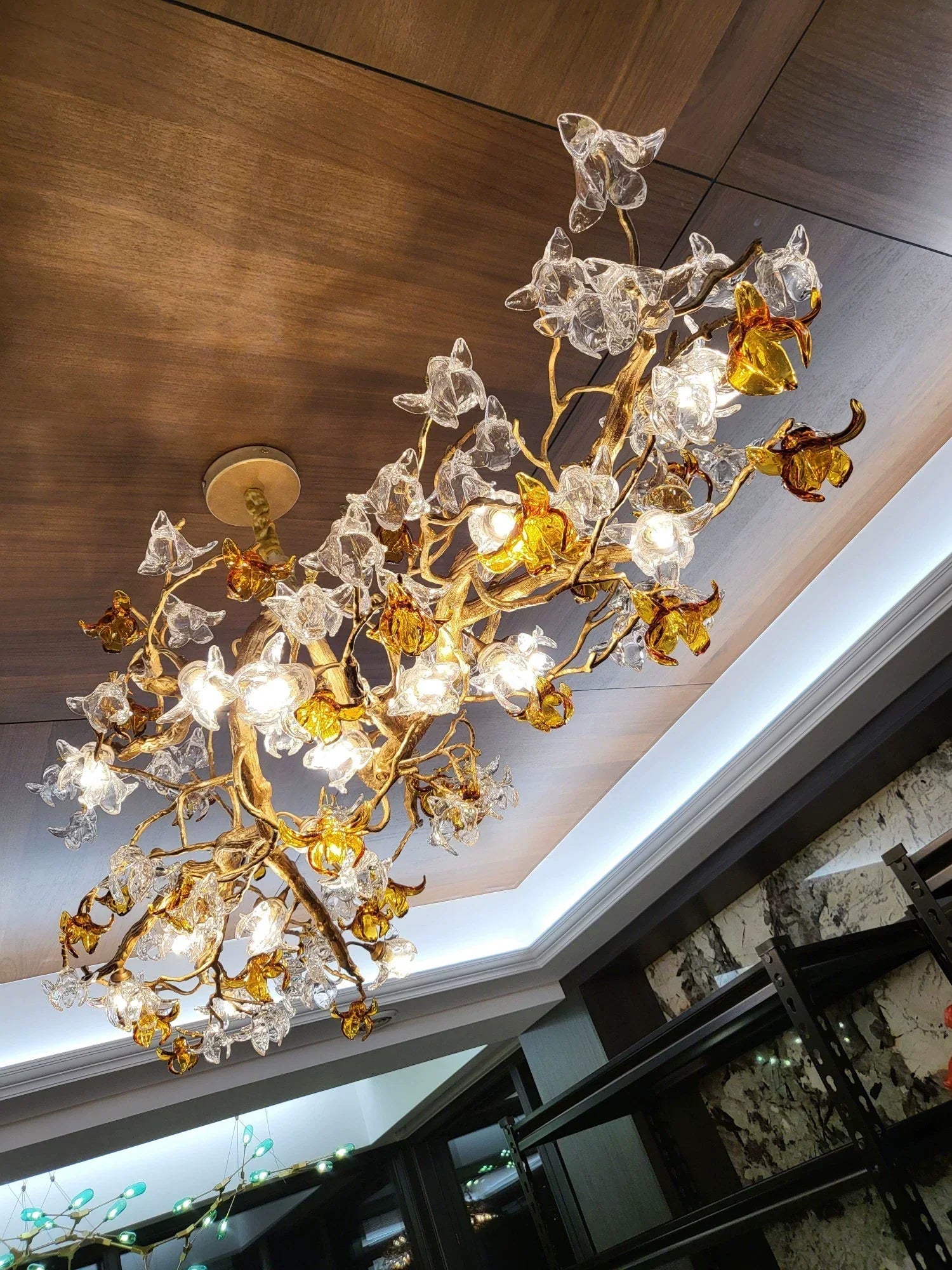 Designer Favorite Brass Branch Chandelier with Artistic Flower Glass for Dining Room Living Room and Kitchen Island - Round/12 Lights/D23.6"*H15.7"Warm LightBlushlighting