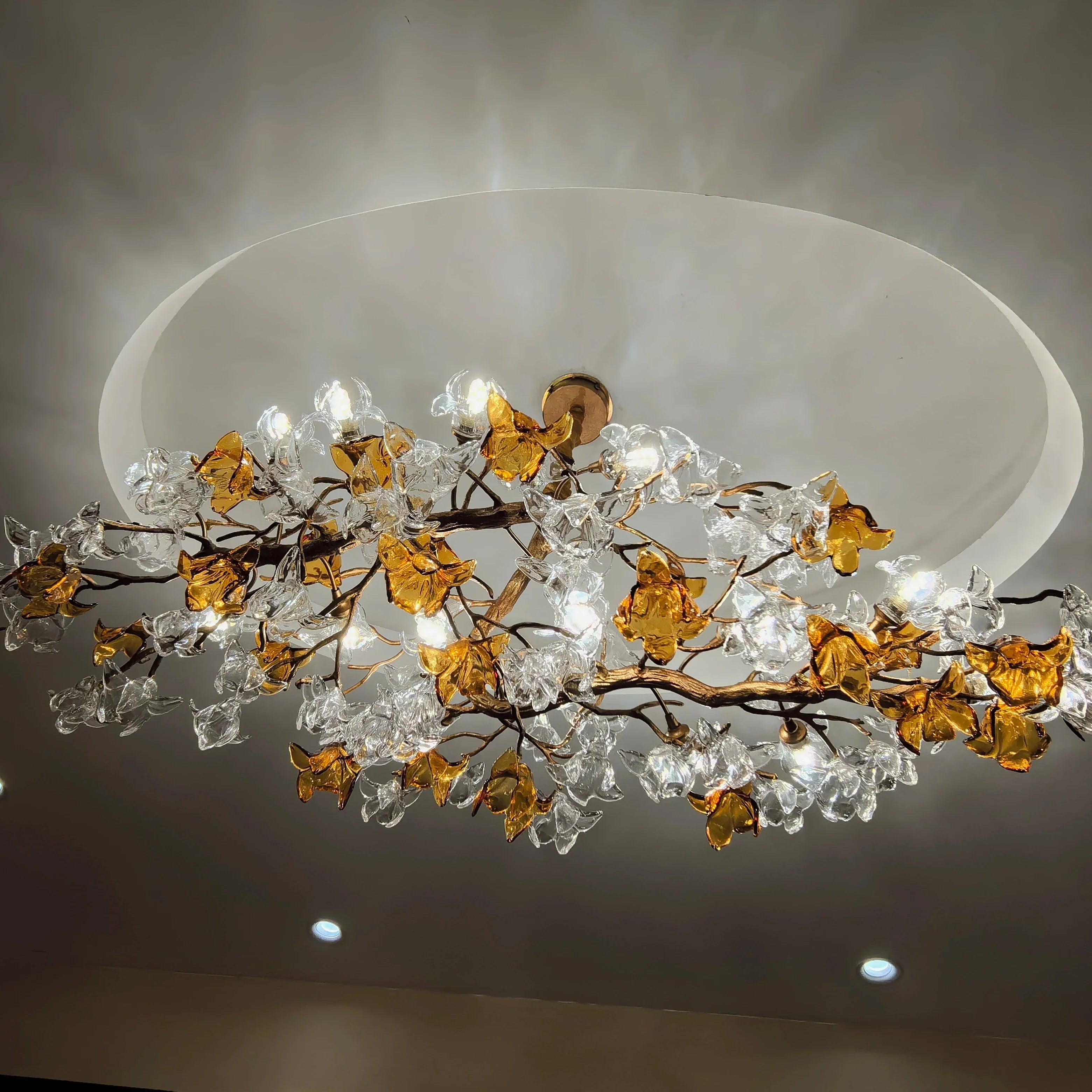 Designer Favorite Brass Branch Chandelier with Artistic Flower Glass for Dining Room Living Room and Kitchen Island - Round/12 Lights/D23.6"*H15.7"Warm LightBlushlighting