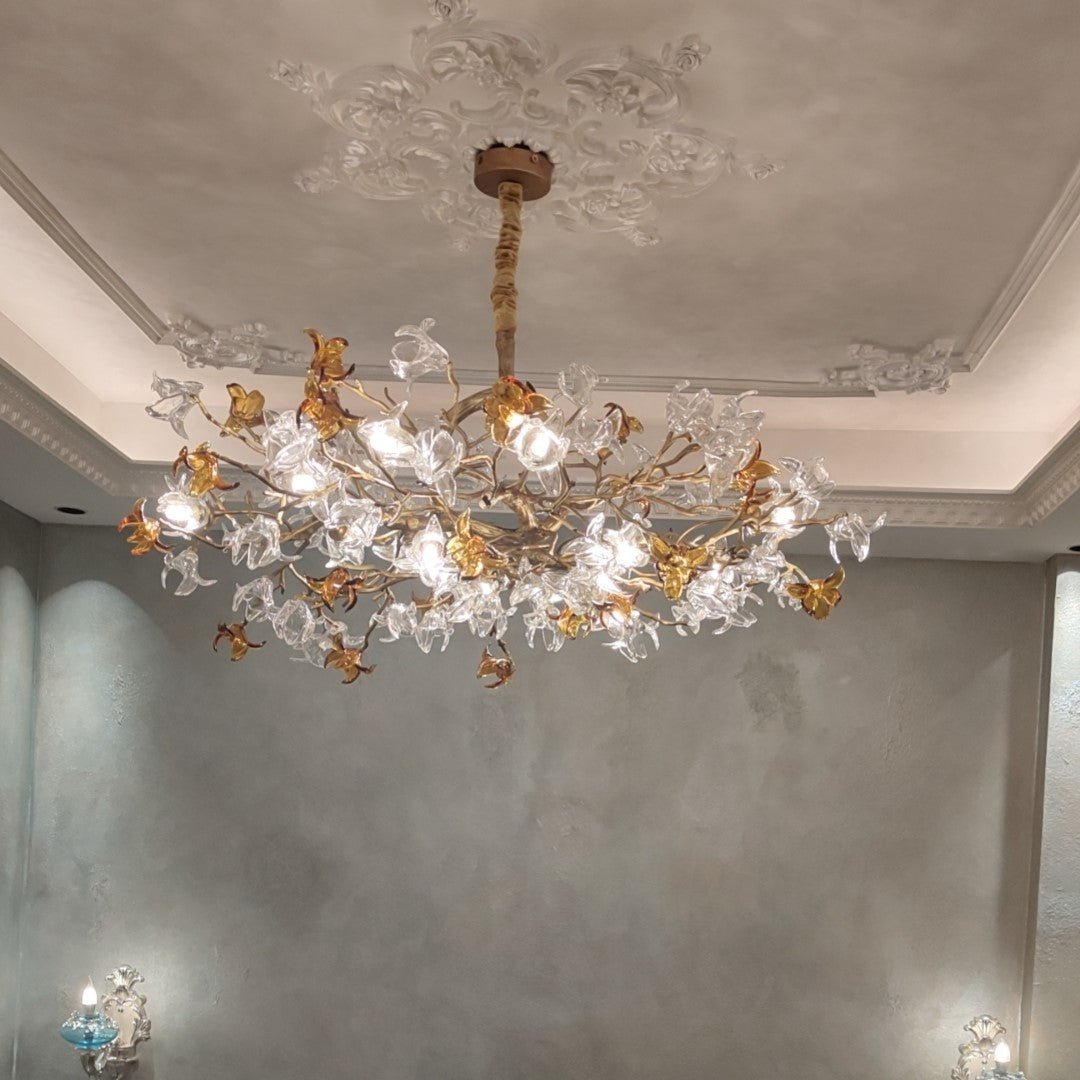 Designer Favorite Brass Branch Chandelier with Artistic Flower Glass for Dining Room Living Room and Kitchen Island - Round/12 Lights/D23.6"*H15.7"Warm LightBlushlighting