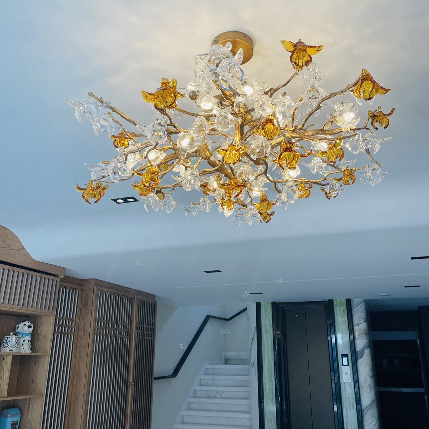 Designer Favorite Brass Branch Chandelier with Artistic Flower Glass for Dining Room Living Room and Kitchen Island - Round/12 Lights/D23.6"*H15.7"Warm LightBlushlighting