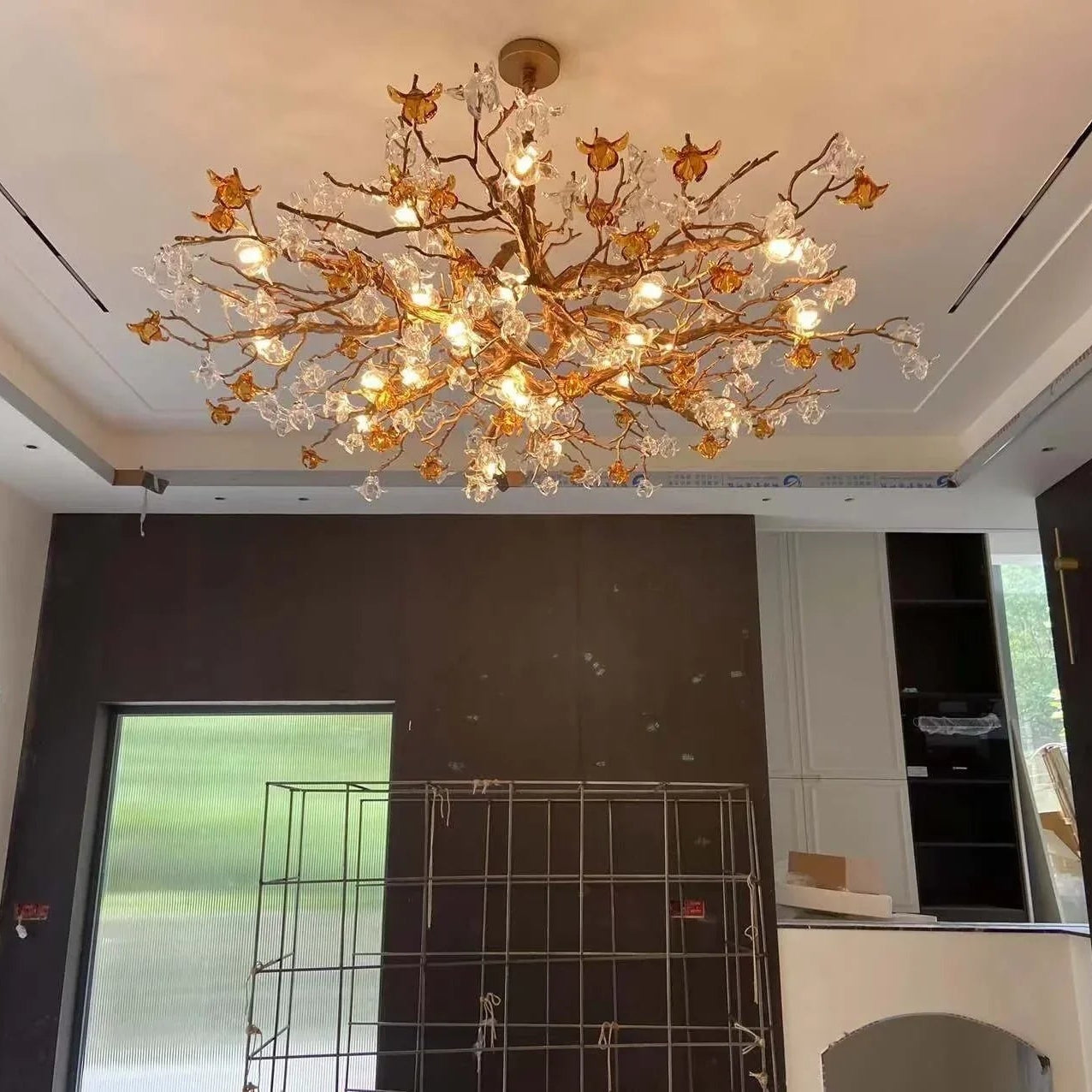 Designer Favorite Brass Branch Chandelier with Artistic Flower Glass for Dining Room Living Room and Kitchen Island - Round/12 Lights/D23.6"*H15.7"Warm LightBlushlighting