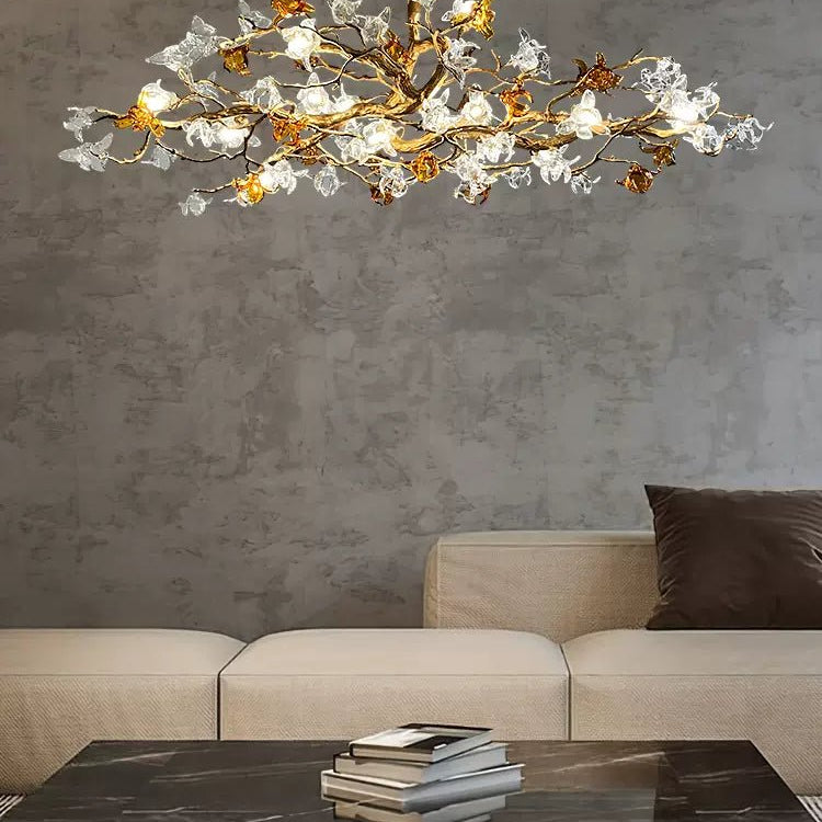 Designer Favorite Brass Branch Chandelier with Artistic Flower Glass for Dining Room Living Room and Kitchen Island - Round/12 Lights/D23.6"*H15.7"Warm LightBlushlighting