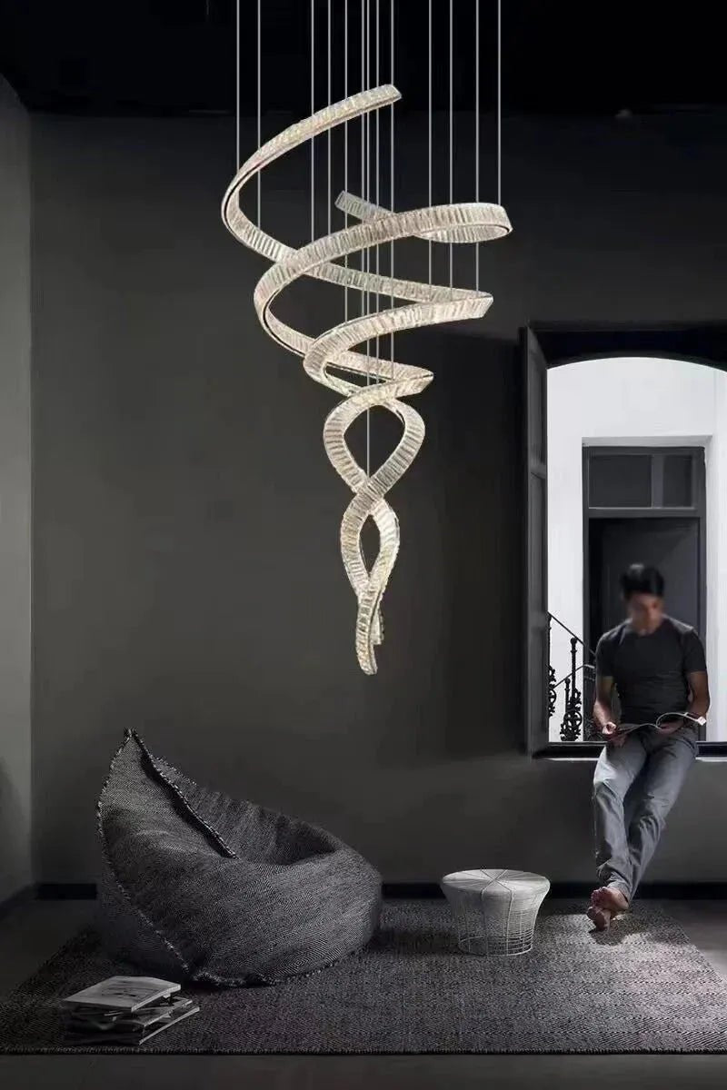 Designer Foyer Living Room Ceiling Light Fixture Stylish Spiral Crystal Chandelier for Hotel Entrance - D39.4"*H98.4"/47kgWith CanopyWarm LightBlushlighting