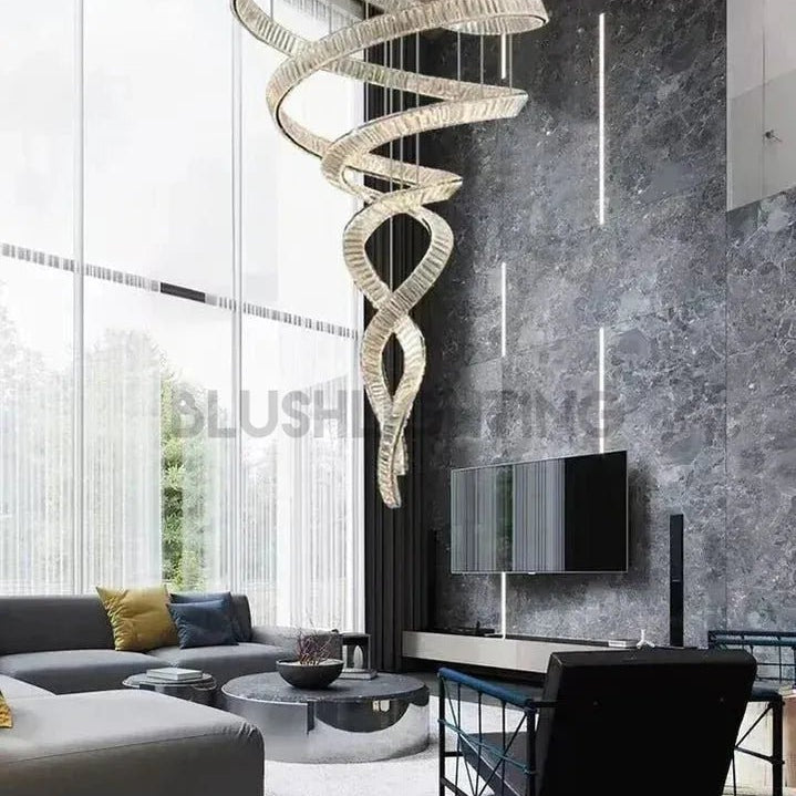 Designer Foyer Living Room Ceiling Light Fixture Stylish Spiral Crystal Chandelier for Hotel Entrance - D39.4"*H98.4"/47kgWith CanopyWarm LightBlushlighting