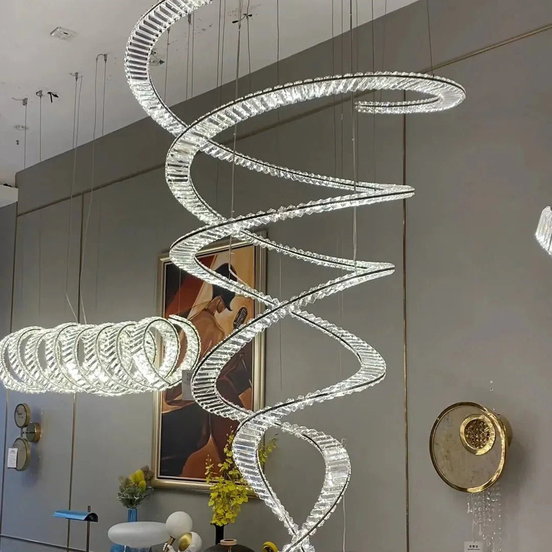 Designer Foyer Living Room Ceiling Light Fixture Stylish Spiral Crystal Chandelier for Hotel Entrance - D39.4"*H98.4"/47kgWith CanopyWarm LightBlushlighting