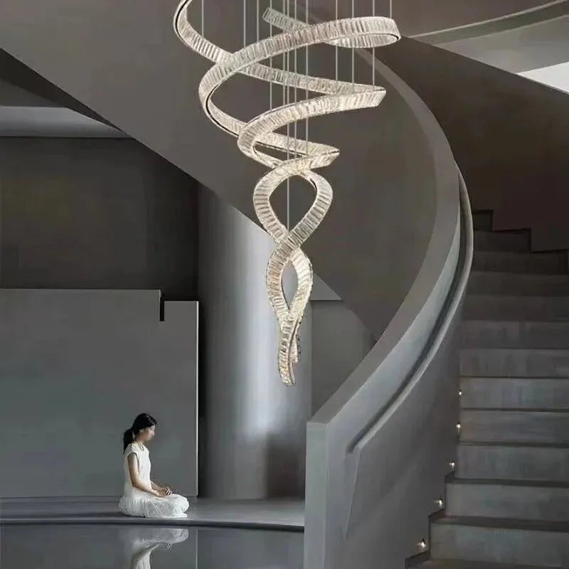 Designer Foyer Living Room Ceiling Light Fixture Stylish Spiral Crystal Chandelier for Hotel Entrance - D39.4"*H98.4"/47kgWith CanopyWarm LightBlushlighting