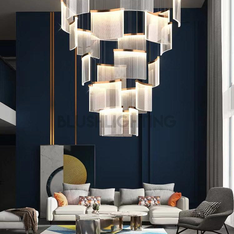 Designer Tile Chandelier For Foyer And High Ceiling Living Room - 17 Lights/D35.4"*H118.1"White LightBlushlighting