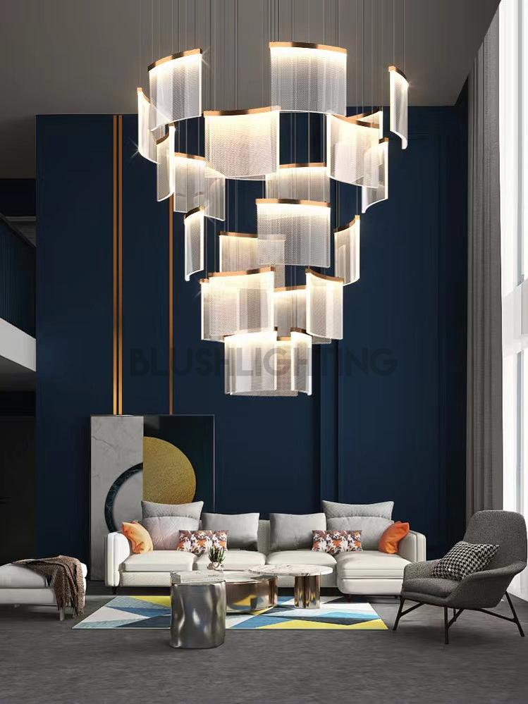 Designer Tile Chandelier For Foyer And High Ceiling Living Room - 17 Lights/D35.4"*H118.1"White LightBlushlighting