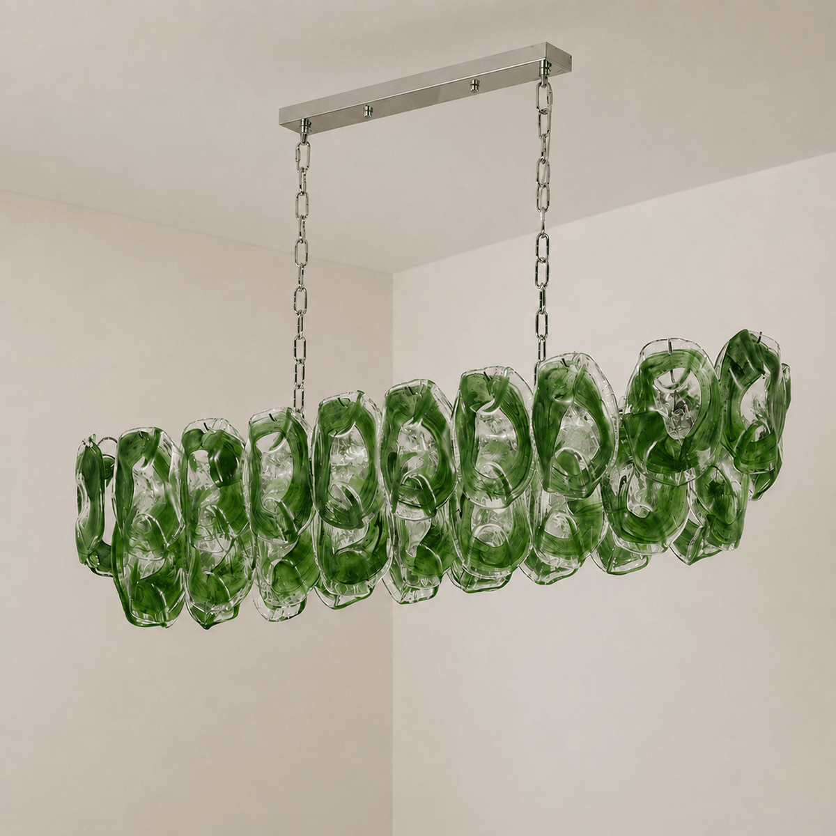Dining Room Chandelier | Sculptural Green Glass Linear Style | Verdalia - L39.4” × W13.8” × H11.4”Blushlighting
