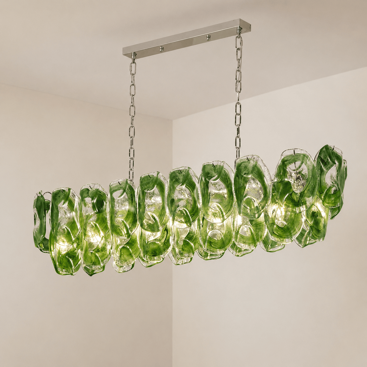Dining Room Chandelier | Sculptural Green Glass Linear Style | Verdalia - L39.4” × W13.8” × H11.4”Blushlighting