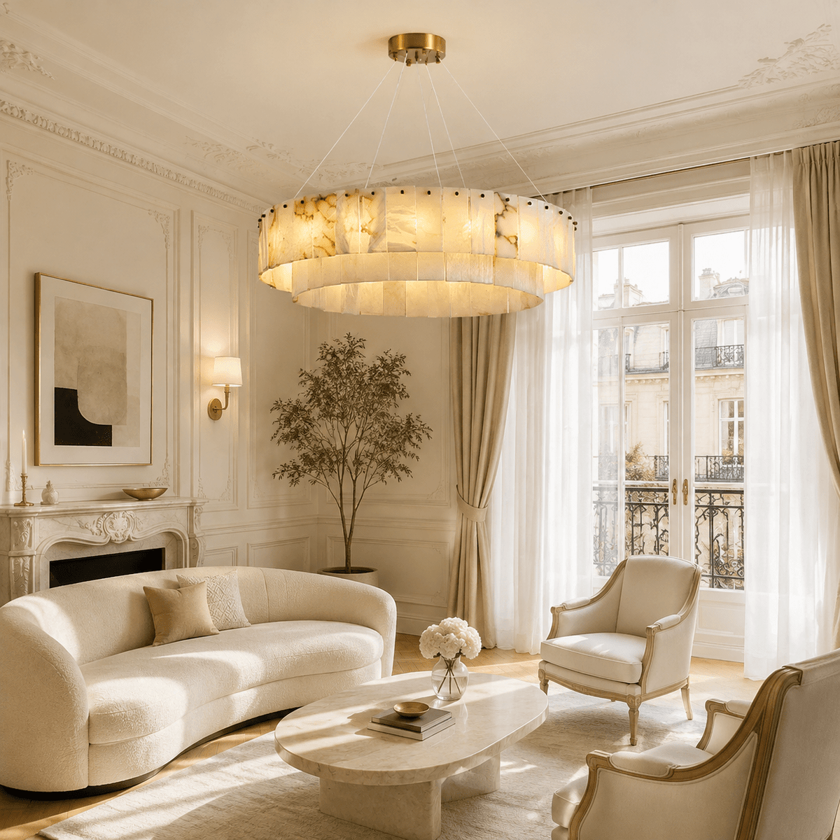 Dining Room Chandelier | Spanish Alabaster Tiered Style | Solenne - D23.6” × H8.7”Blushlighting