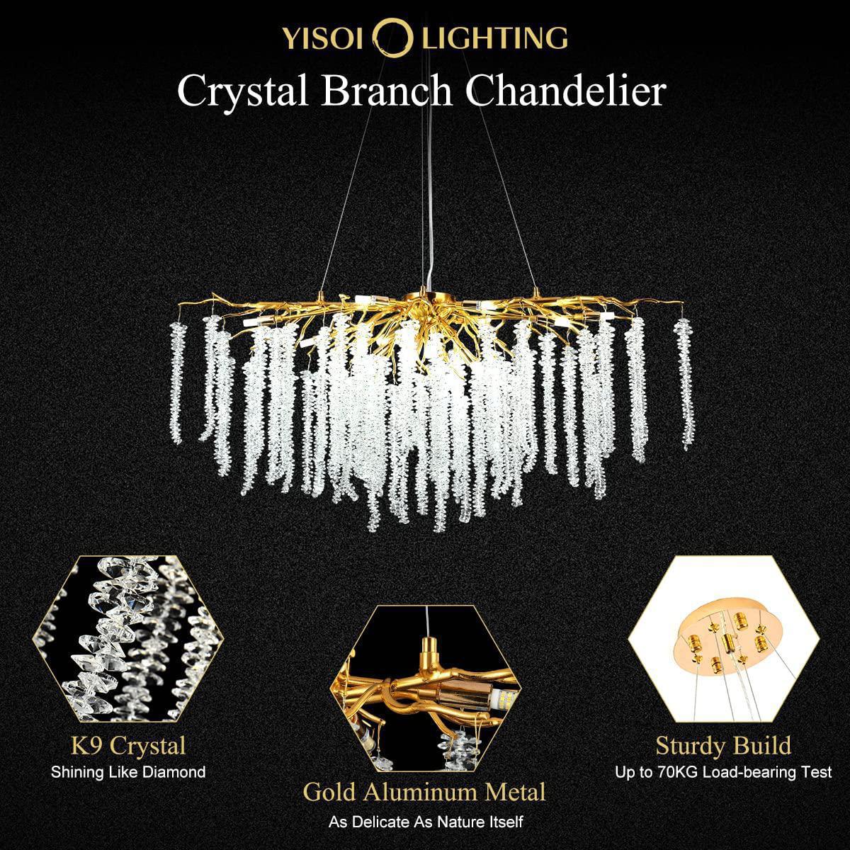 Doris White Crystal Rectangle Branch Chandelier Gold 45"L - Blushlighting