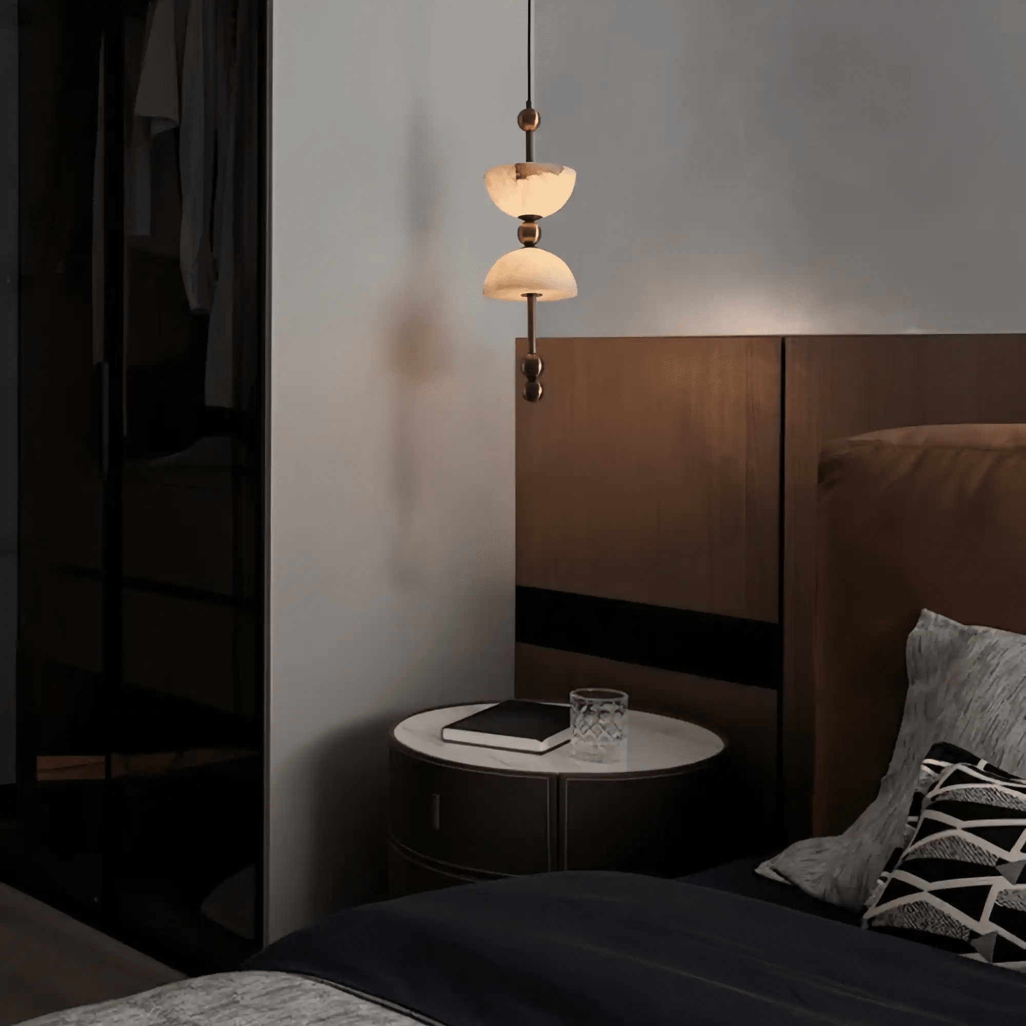 Duo Alabaster Pendant Lamp - 1 heads ∅ 5.9″ x H 16.9″Bronze & WhiteWarm LightBlushlighting