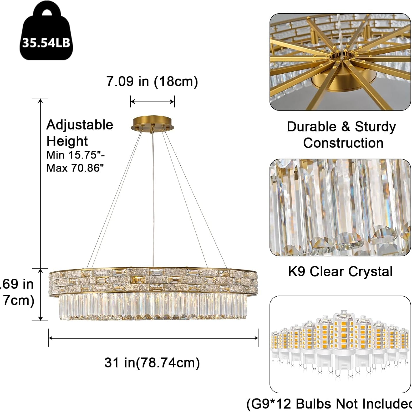 Elegant 31‑Inch Gold Crystal Chandelier with 12 Adjustable Lights