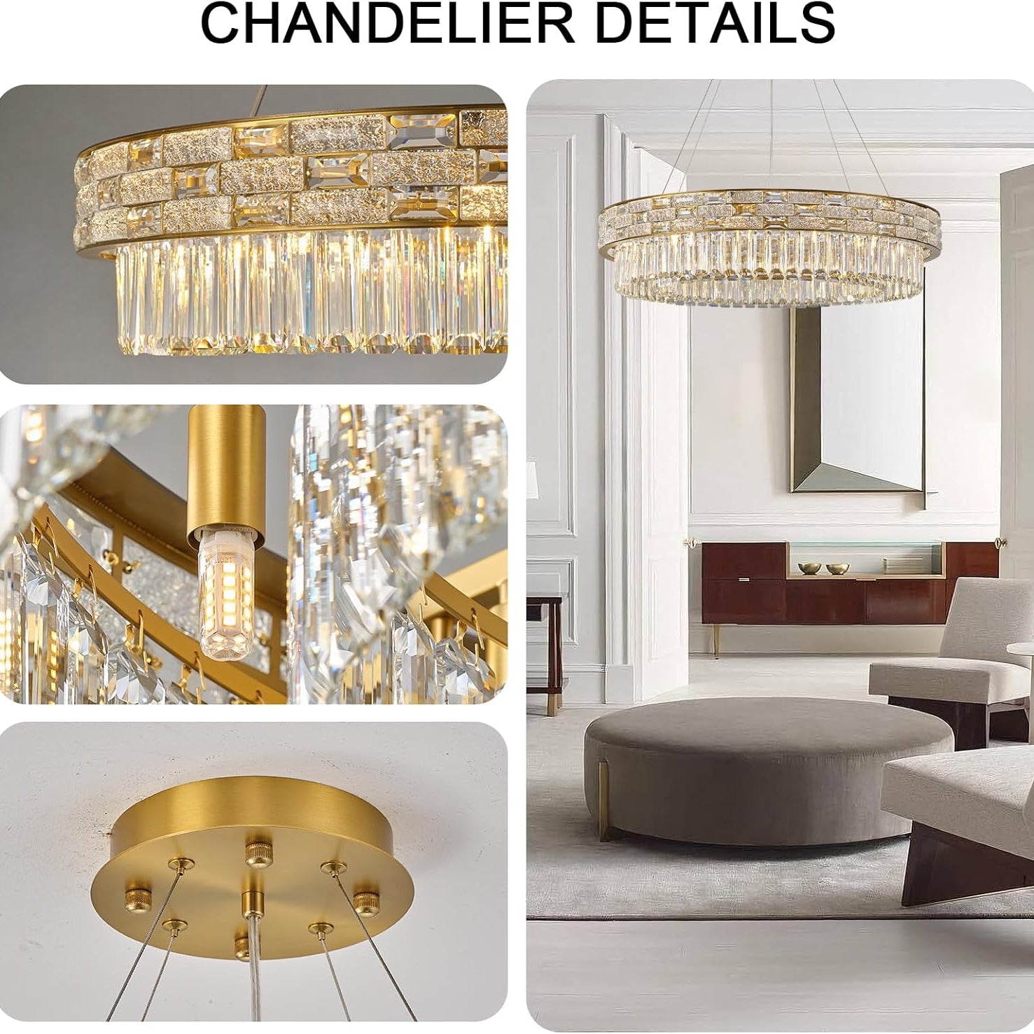 Elegant 31‑Inch Gold Crystal Chandelier with 12 Adjustable Lights