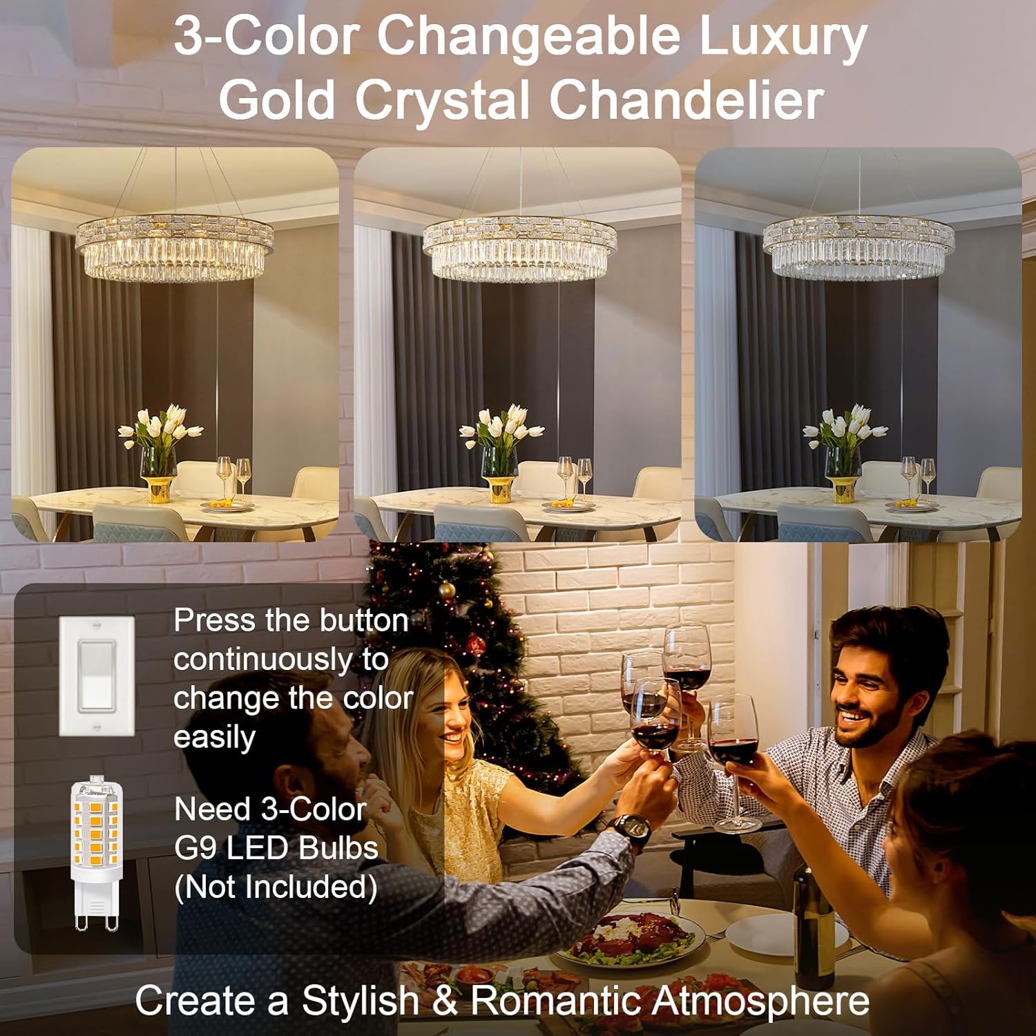 Elegant 31‑Inch Gold Crystal Chandelier with 12 Adjustable Lights