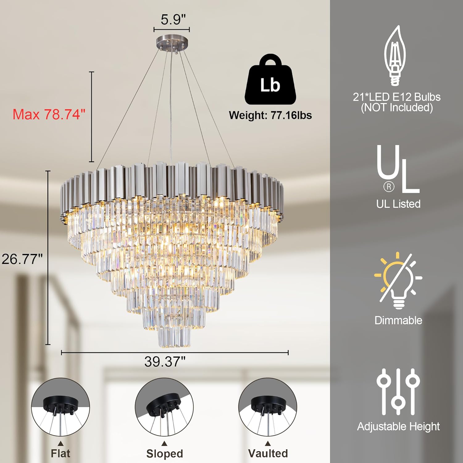 Elegant 7‑Tier 39" Silver Crystal Chandelier – 21‑Light Luxury K9 Fixture