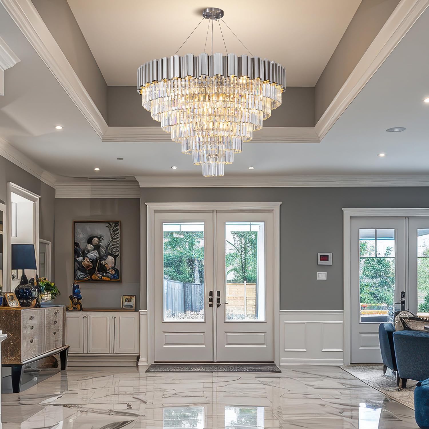 Elegant 7-Tier 39" Silver Crystal Chandelier with 21 Lights