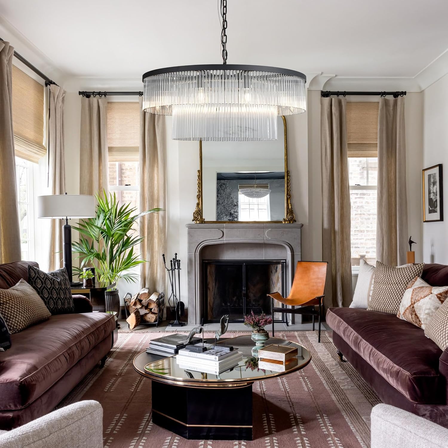 Elegant Black Glass Two-Tier 31.5" 10-Light Modern Chandelier