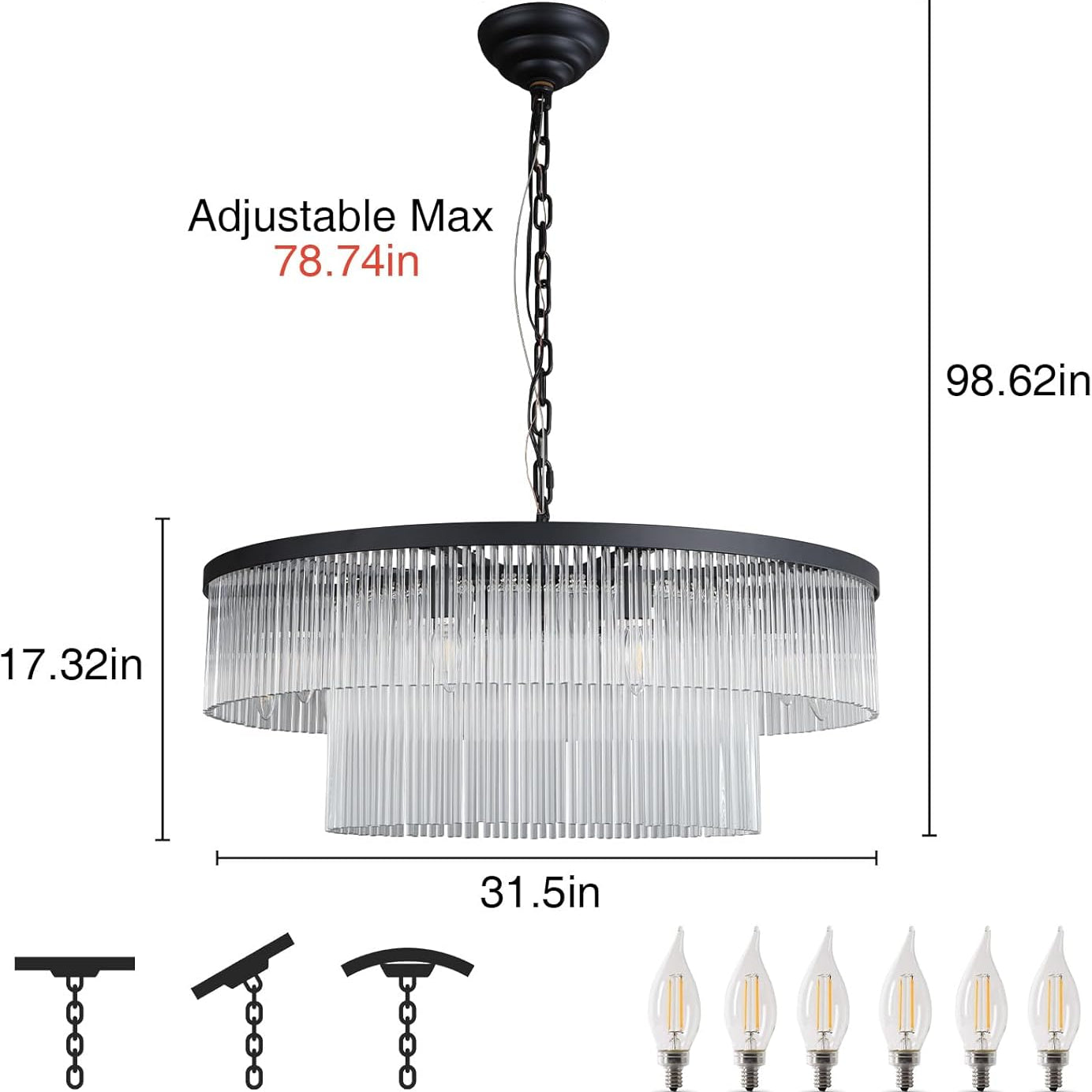 Elegant Black Glass Two-Tier 31.5" 10-Light Modern Chandelier