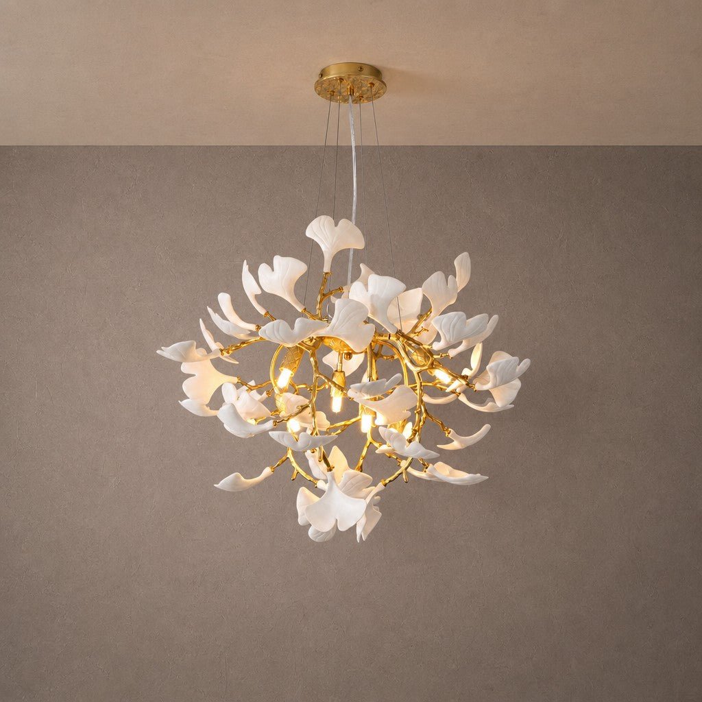 Elegant Ceramic Ginkgo Leaf Chandelier D600 - Matte Gold - Blushlighting
