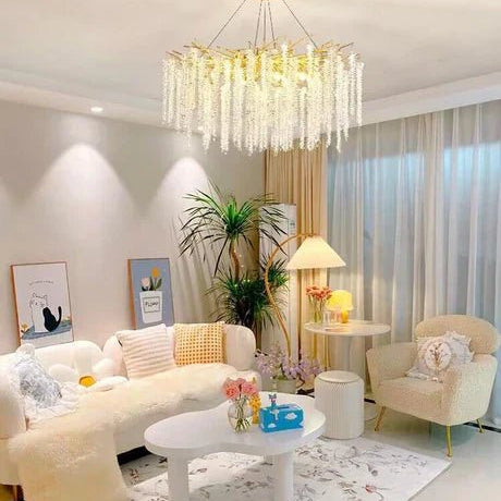 Elegant Crystal Icicle Chandelier in Branch Style for Dining Table Use - Rectangle L47.2"*W17.7"*H15.7"/12 Lights/13.2kgGoldWarm LightBlushlighting