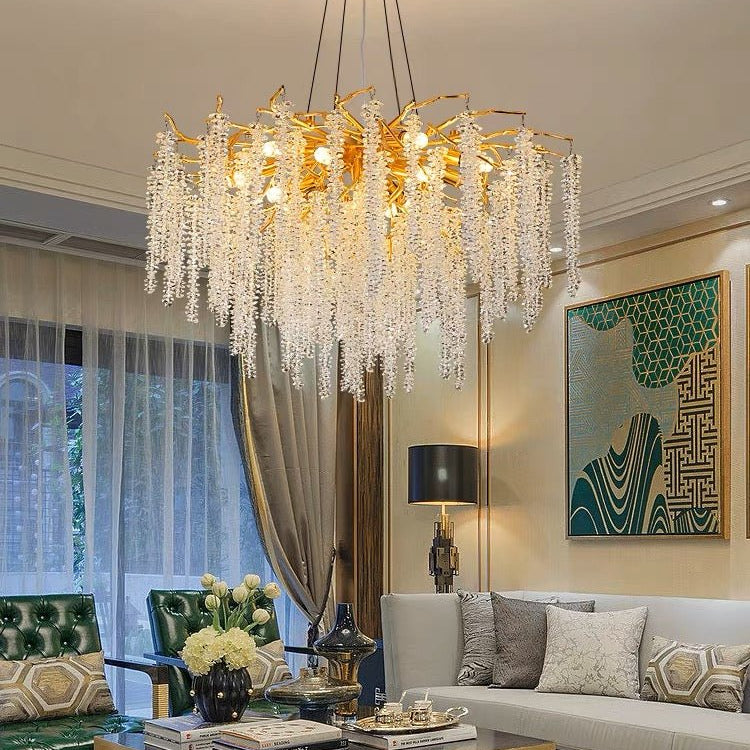Elegant Crystal Icicle Chandelier in Branch Style for Dining Table Use - Round D23.6"/8 LightsGoldWarm LightBlushlighting