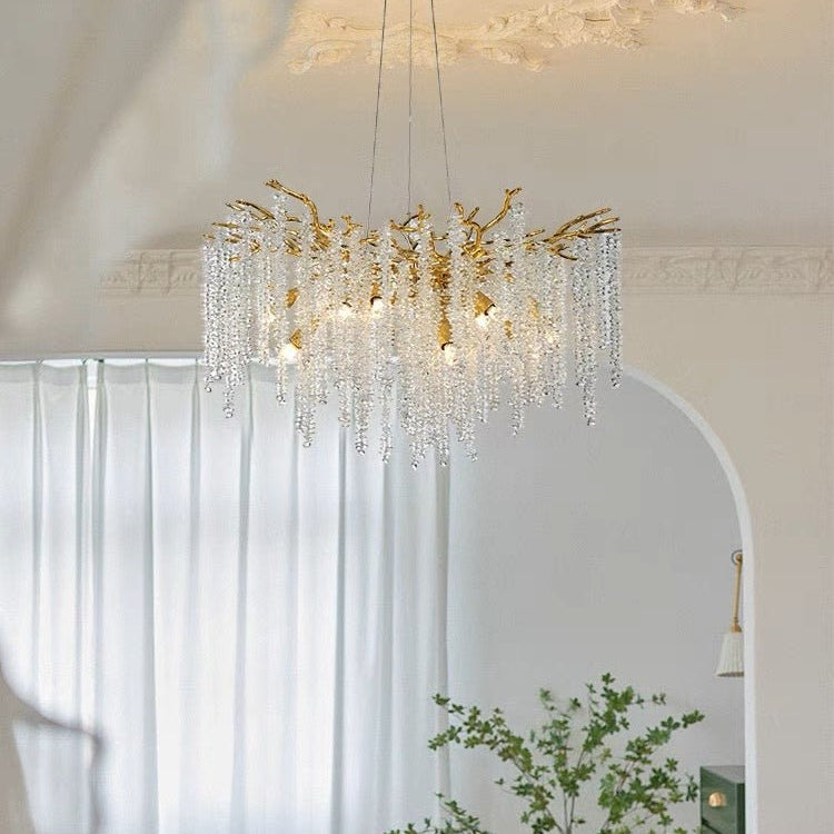 Elegant Crystal Icicle Chandelier in Branch Style for Dining Table Use - Round D23.6"/8 LightsGoldWarm LightBlushlighting
