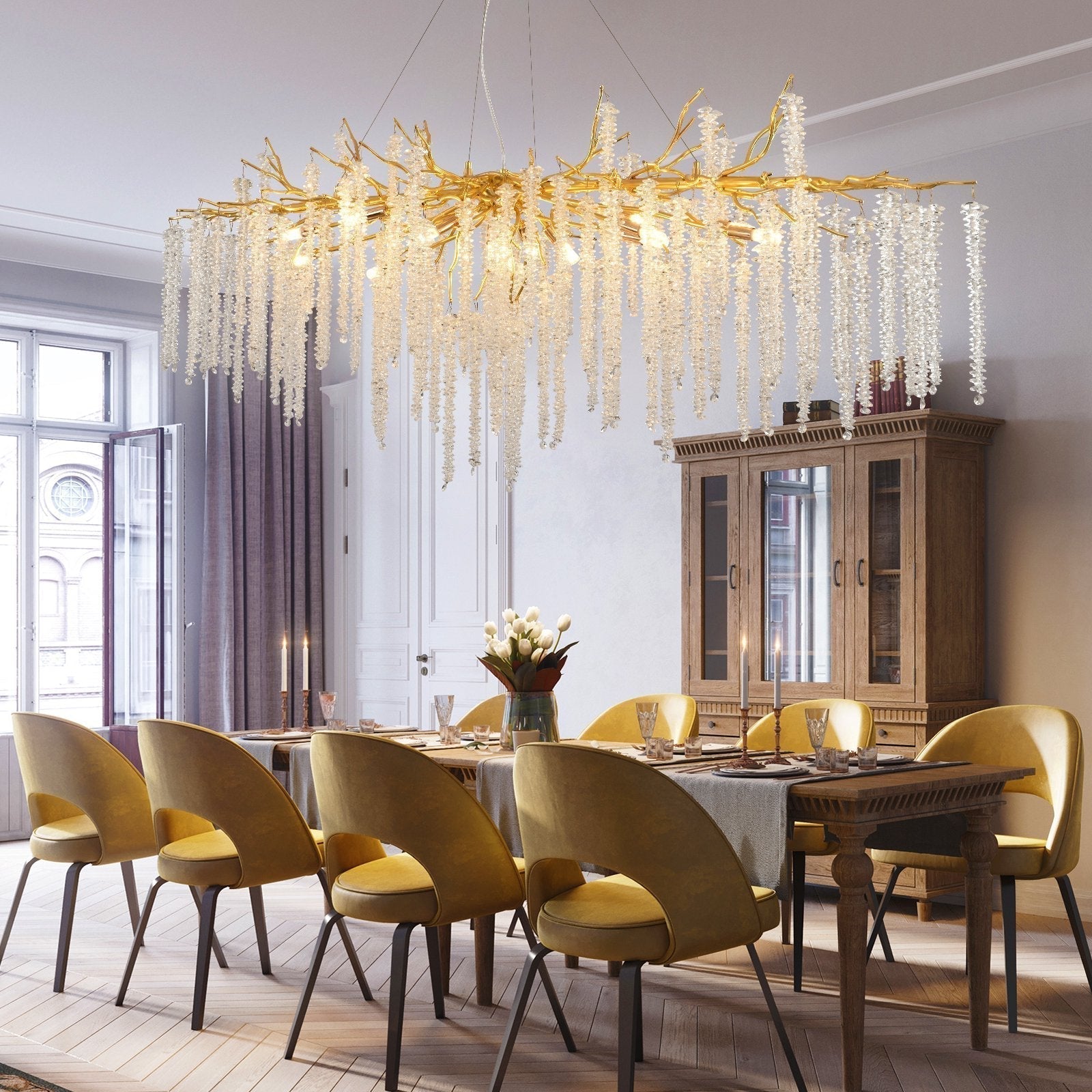 Elegant Crystal Icicle Chandelier in Branch Style for Dining Table Use - Rectangle L55.1"*W19.7"*H15.7"/14 Lights/33.7kgGoldWarm LightBlushlighting