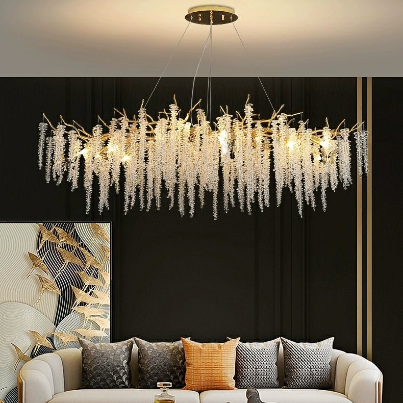 Elegant Crystal Icicle Chandelier in Branch Style for Dining Table Use - Rectangle L39.4"*W17.7"*H15.7"/10 Lights/10.9kgGoldWarm LightBlushlighting