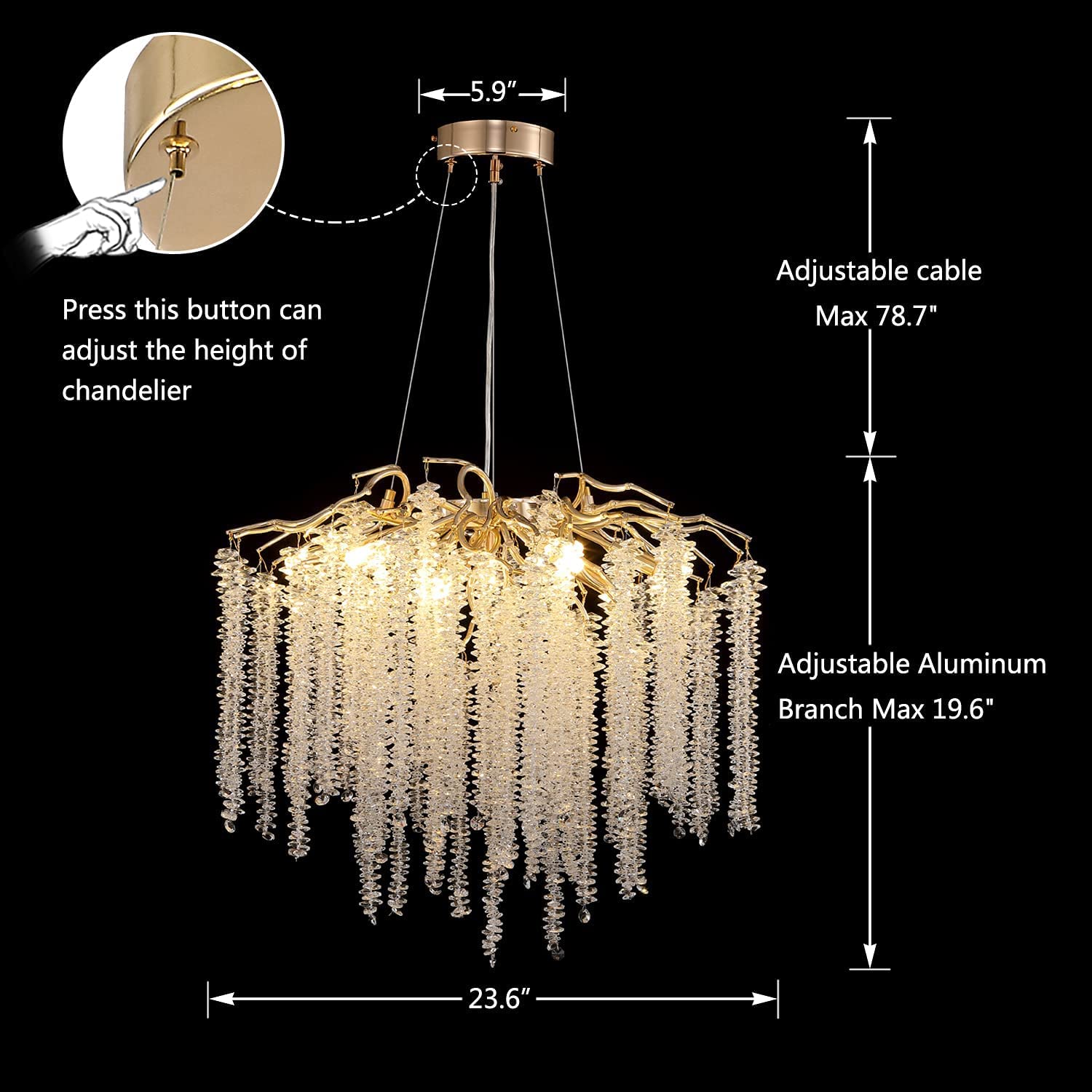 Elegant Crystal Icicle Chandelier in Branch Style for Dining Table Use - Round D59.1"/16 LightsChromeWarm LightBlushlighting