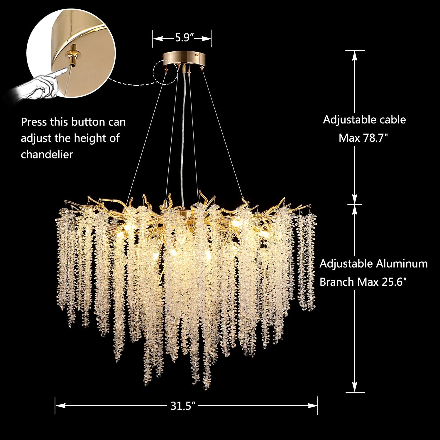 Elegant Crystal Icicle Chandelier in Branch Style for Dining Table Use - Round D59.1"/16 LightsChromeWarm LightBlushlighting