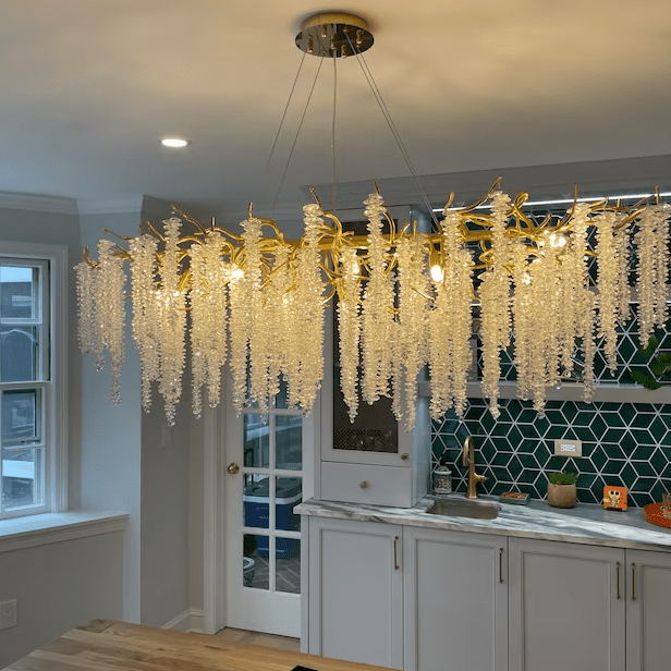 Elegant Crystal Icicle Chandelier in Branch Style for Dining Table Use - Rectangle L39.4"*W17.7"*H15.7"/10 Lights/10.9kgGoldWarm LightBlushlighting