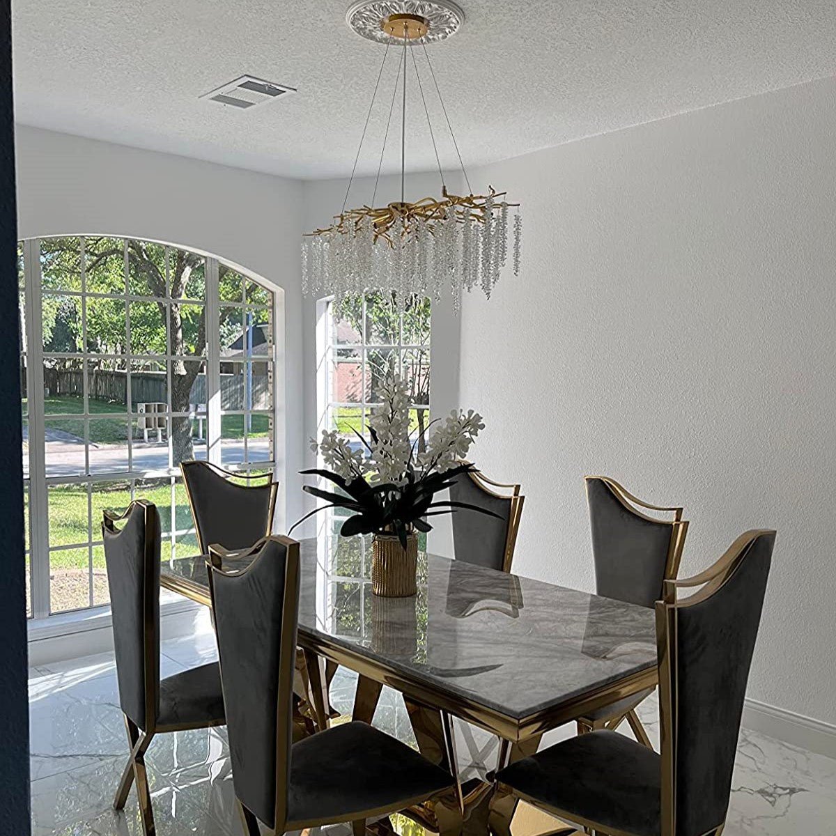 Elegant Crystal Icicle Chandelier in Branch Style for Dining Table Use - Rectangle L39.4"*W17.7"*H15.7"/10 Lights/10.9kgGoldWarm LightBlushlighting