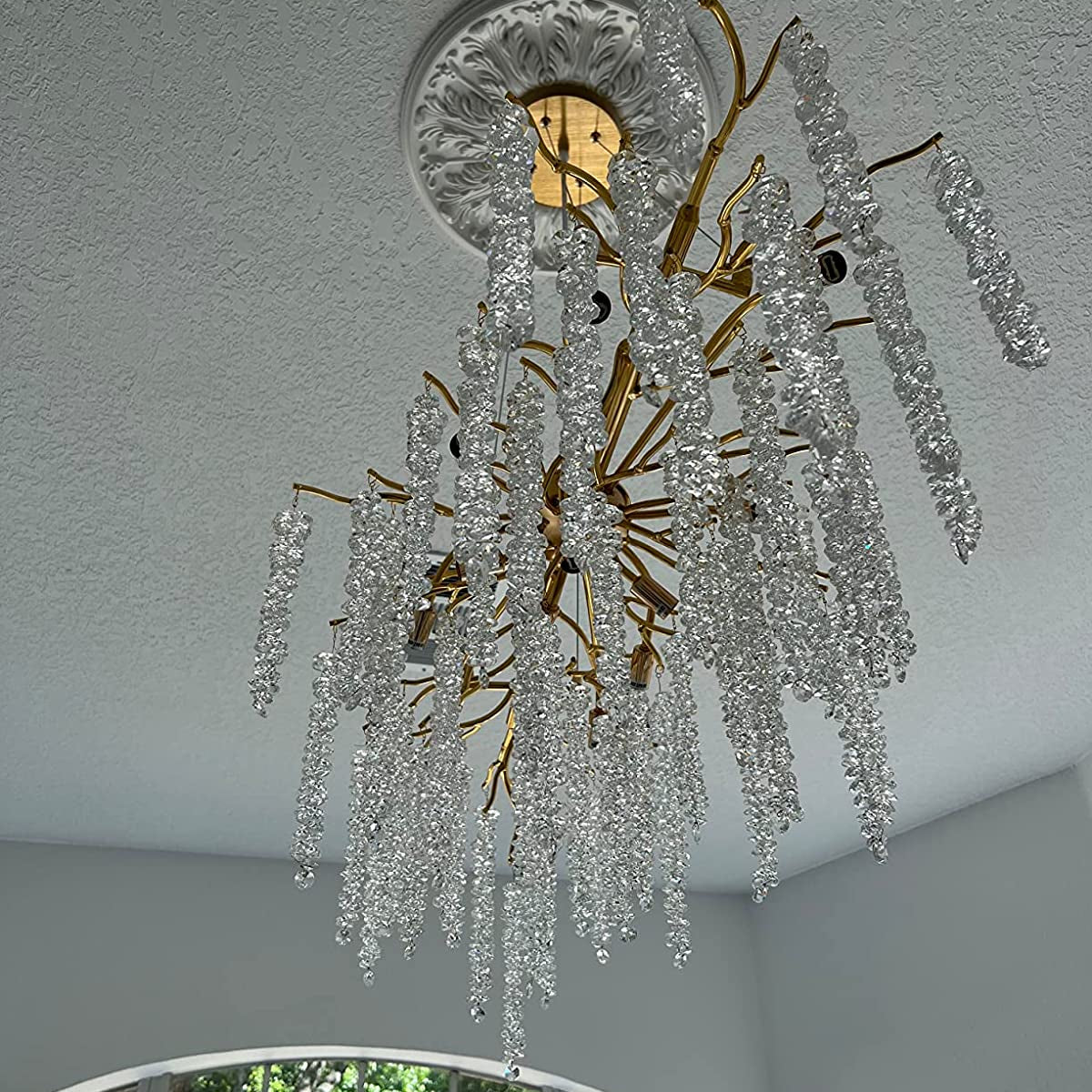 Elegant Crystal Icicle Chandelier in Branch Style for Dining Table Use - Rectangle L47.2"*W17.7"*H15.7"/12 Lights/13.2kgGoldWarm LightBlushlighting