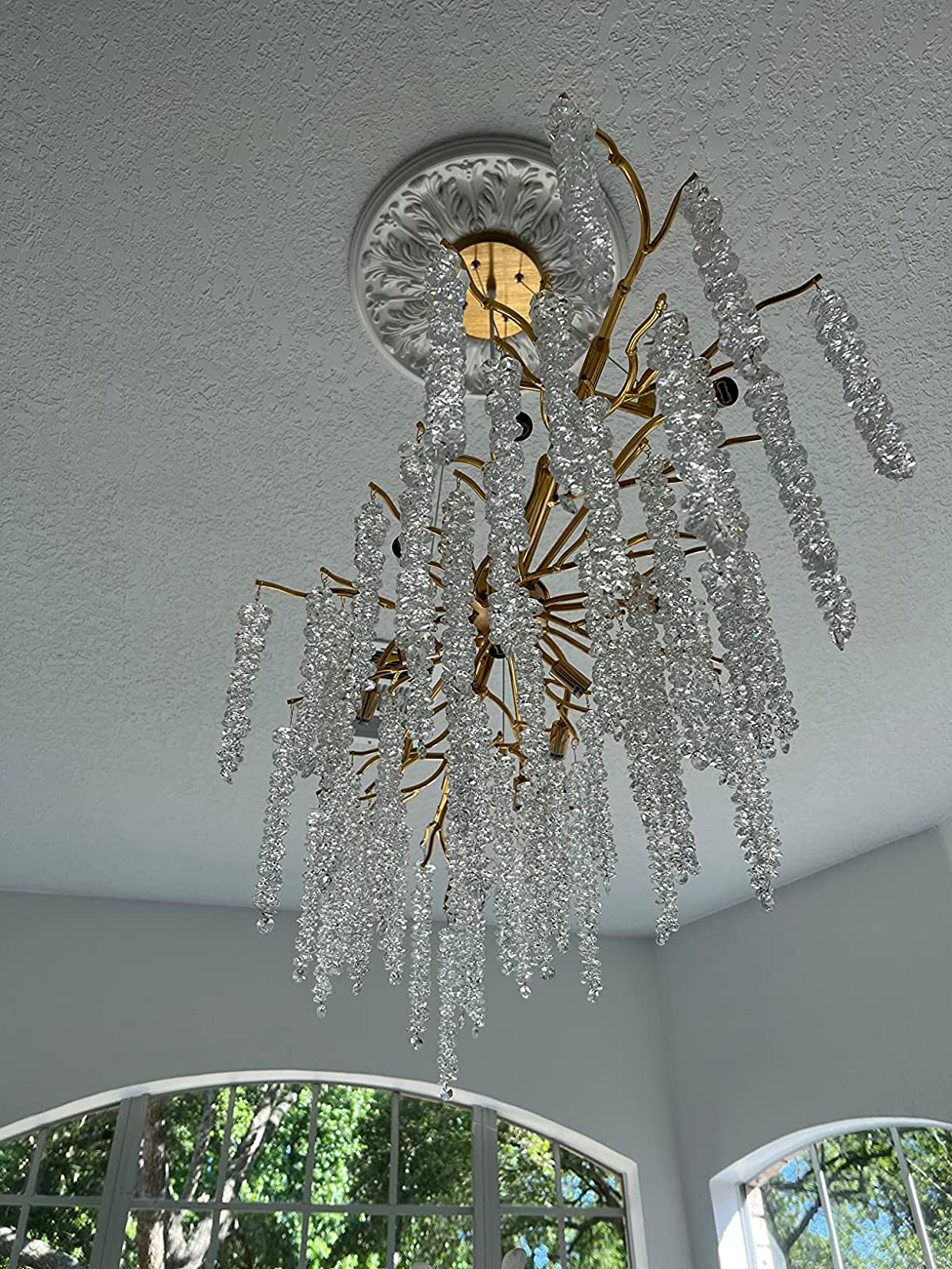 Elegant Crystal Icicle Chandelier in Branch Style for Dining Table Use - Rectangle L47.2"*W17.7"*H15.7"/12 Lights/13.2kgGoldWarm LightBlushlighting