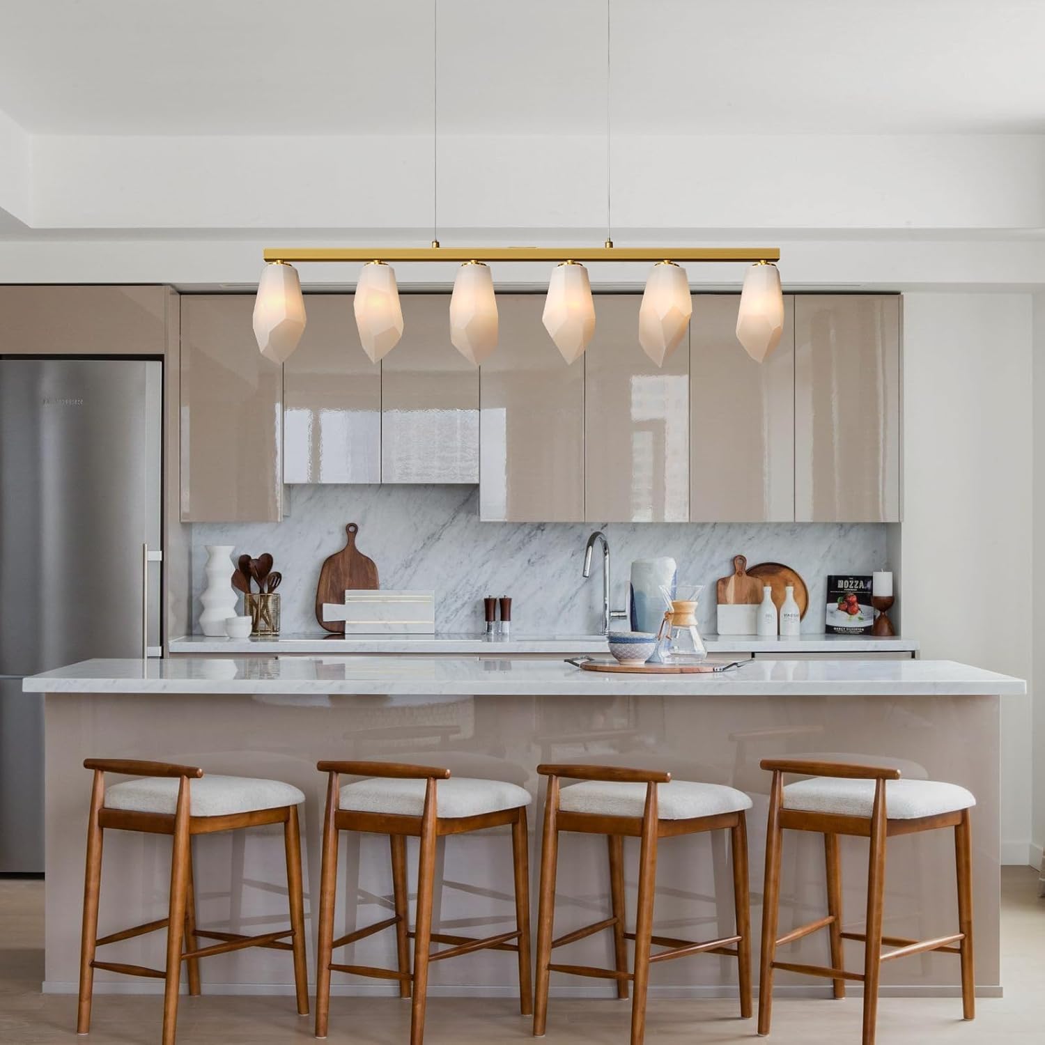 Elegant Gold Alabaster 6-Light Linear Chandelier for Dining