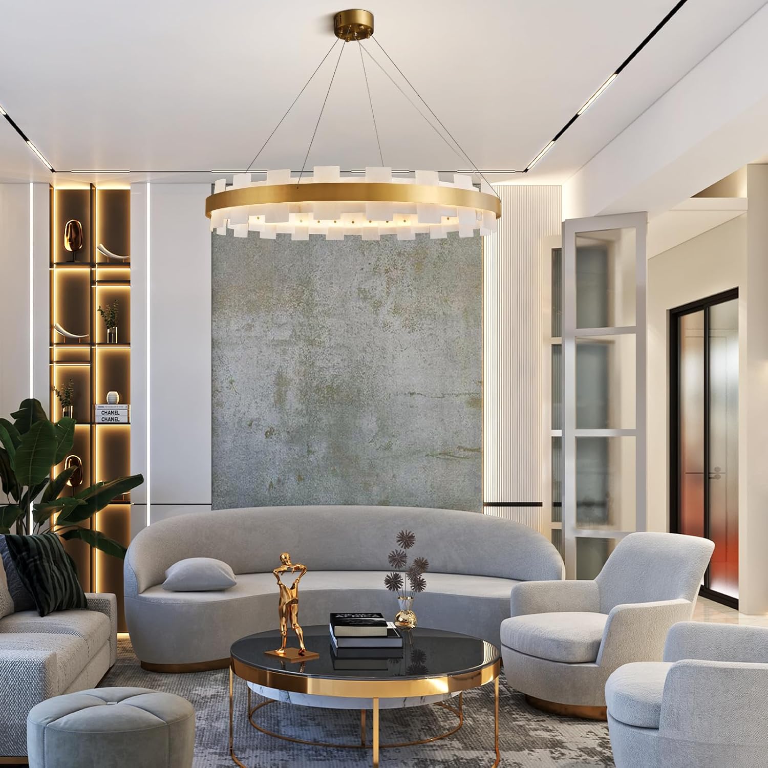 Elegant Spanish Alabaster Round Chandelier 31.5" Diameter with Adjustable Height - 2 - Gold - RoundD31.5 inBlushlighting