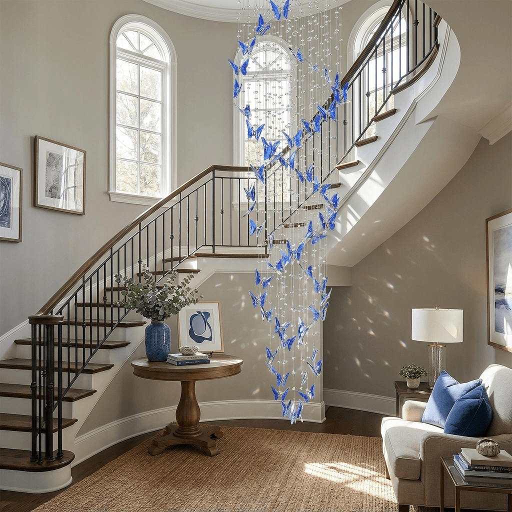 Elyndra LED K9 Crystal Column Chandelier - Dia 15.7″ × H 98.4″BlueWarm LightBlushlighting