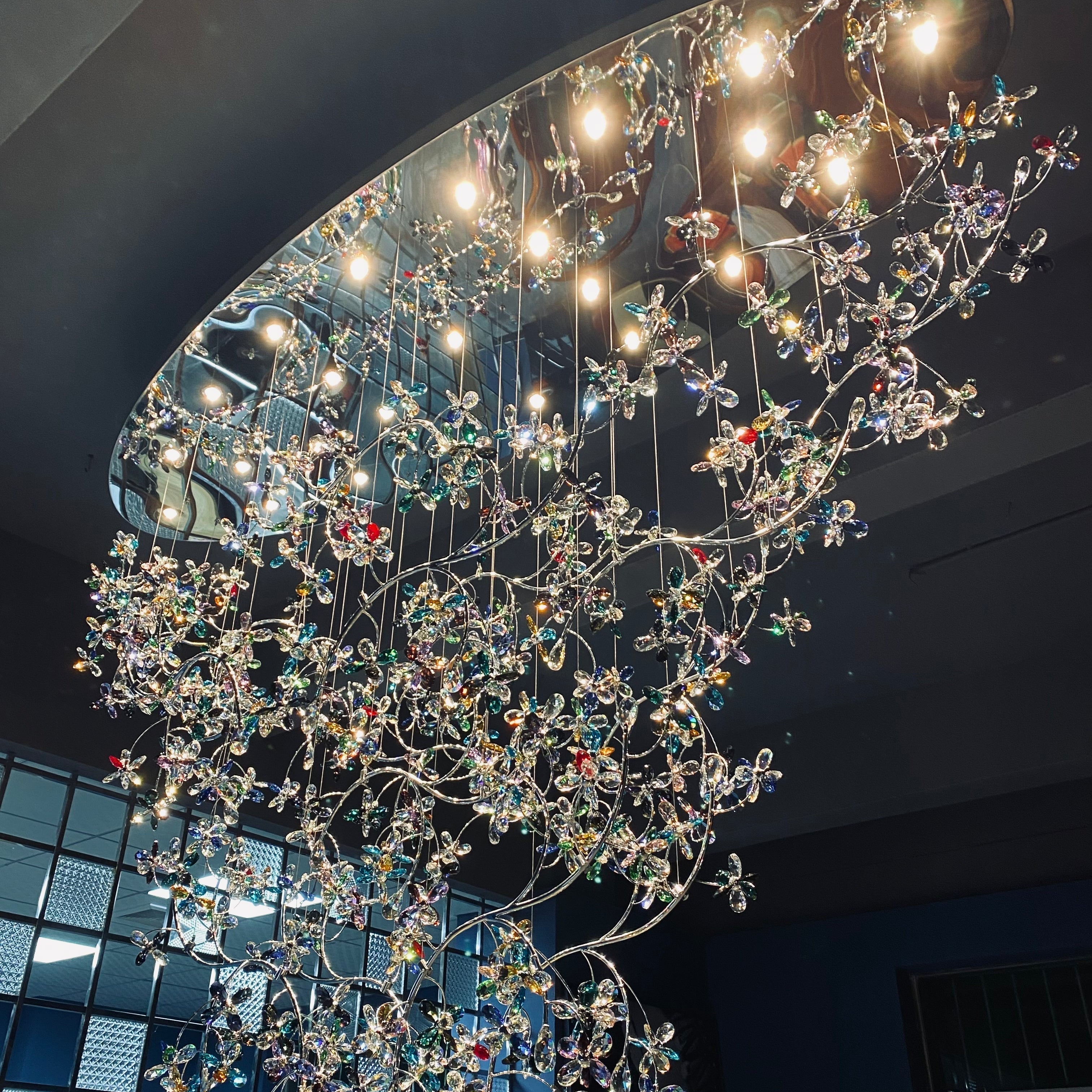 Exquisite Crystal Flower Branch Chandelier for Hotel Foyer and Entryway Ceiling Lighting Fixture - L47.2" * W17.7" * H47.2"/23.3kgChrome Branches+Chrome CanopyWarm LightBlushlighting