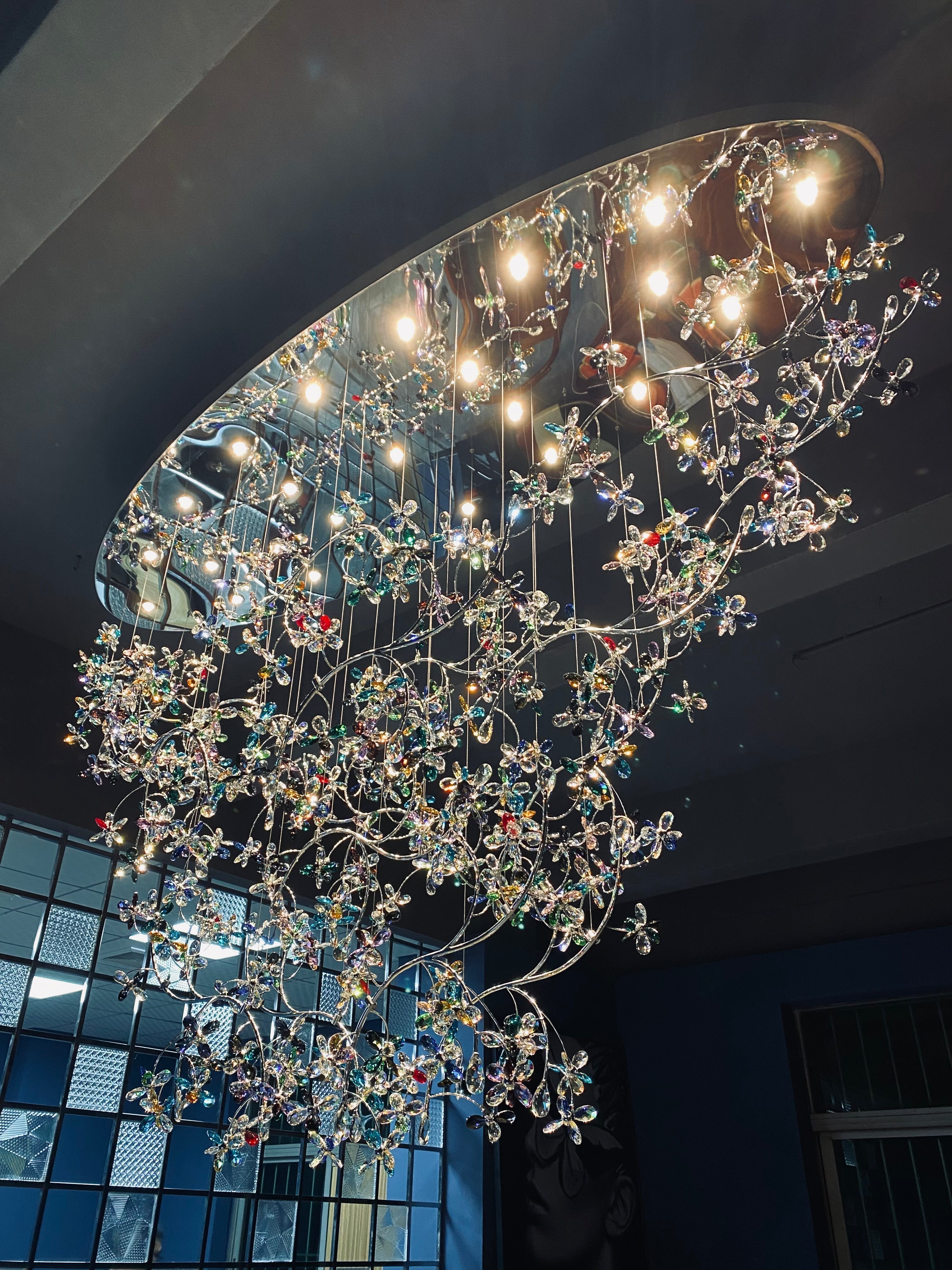 Exquisite Crystal Flower Branch Chandelier for Hotel Foyer and Entryway Ceiling Lighting Fixture - L47.2" * W17.7" * H47.2"/23.3kgChrome Branches+Chrome CanopyWarm LightBlushlighting