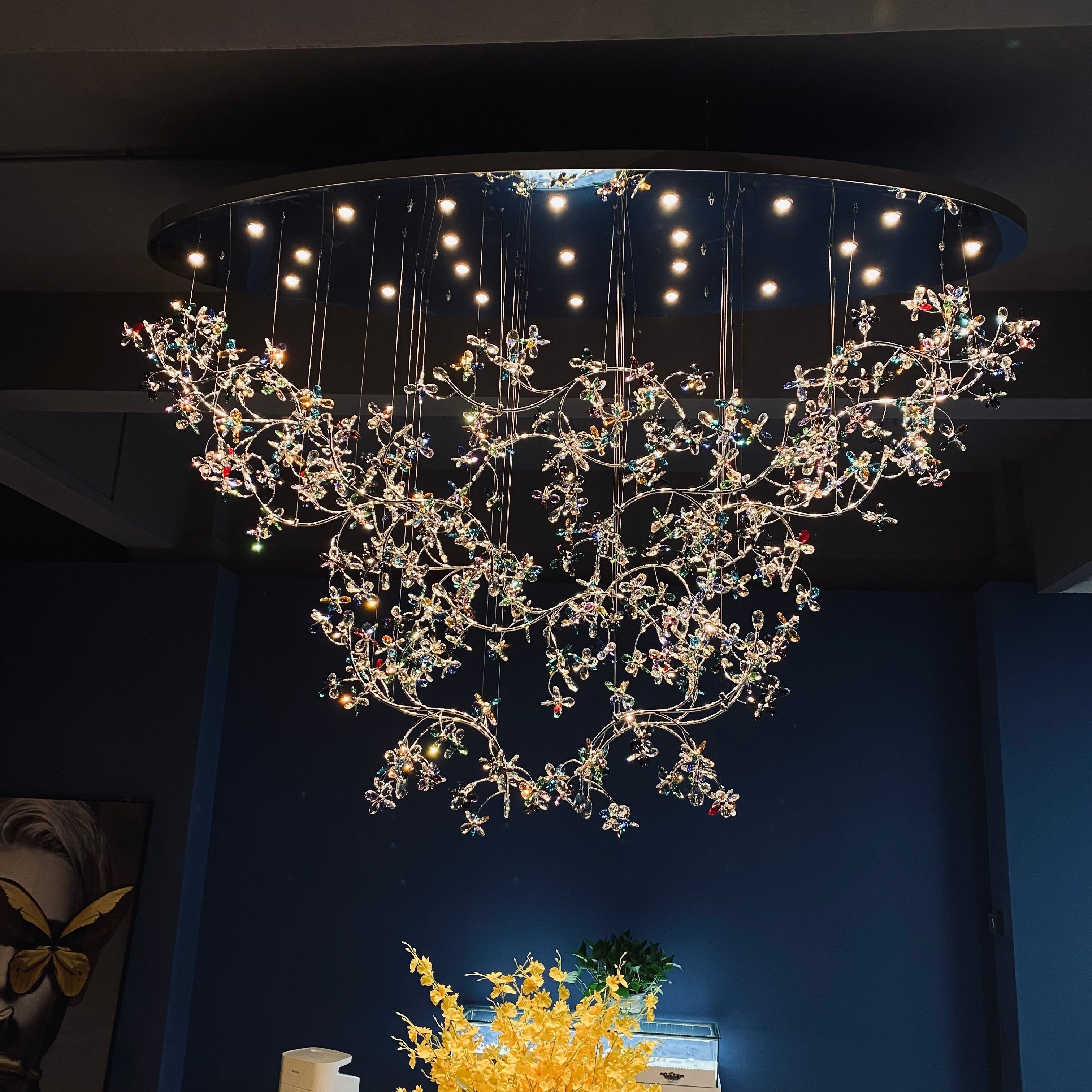Exquisite Crystal Flower Branch Chandelier for Hotel Foyer and Entryway Ceiling Lighting Fixture - L47.2" * W17.7" * H47.2"/23.3kgChrome Branches+Chrome CanopyWarm LightBlushlighting