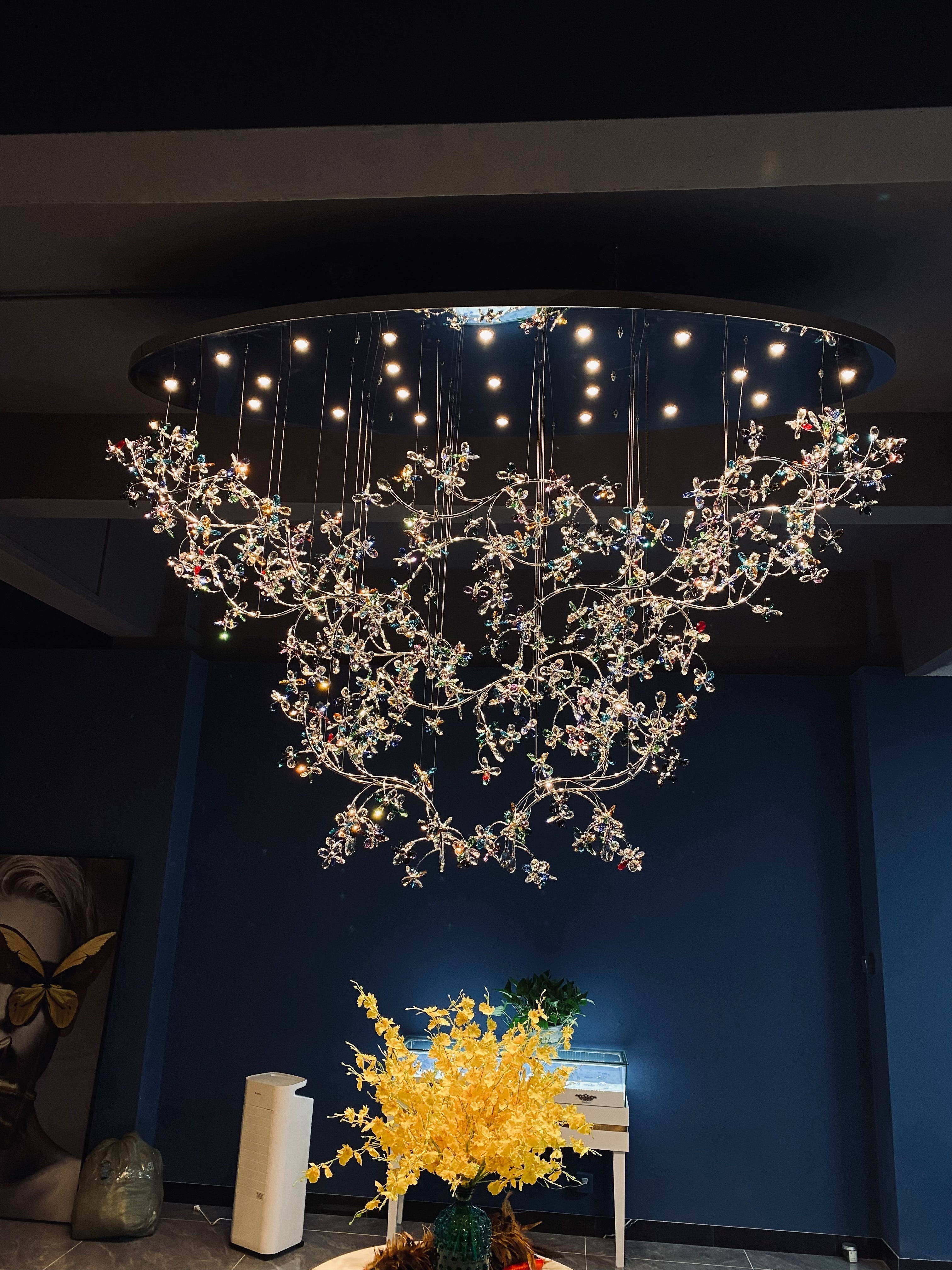 Exquisite Crystal Flower Branch Chandelier for Hotel Foyer and Entryway Ceiling Lighting Fixture - L47.2" * W17.7" * H47.2"/23.3kgChrome Branches+Chrome CanopyWarm LightBlushlighting