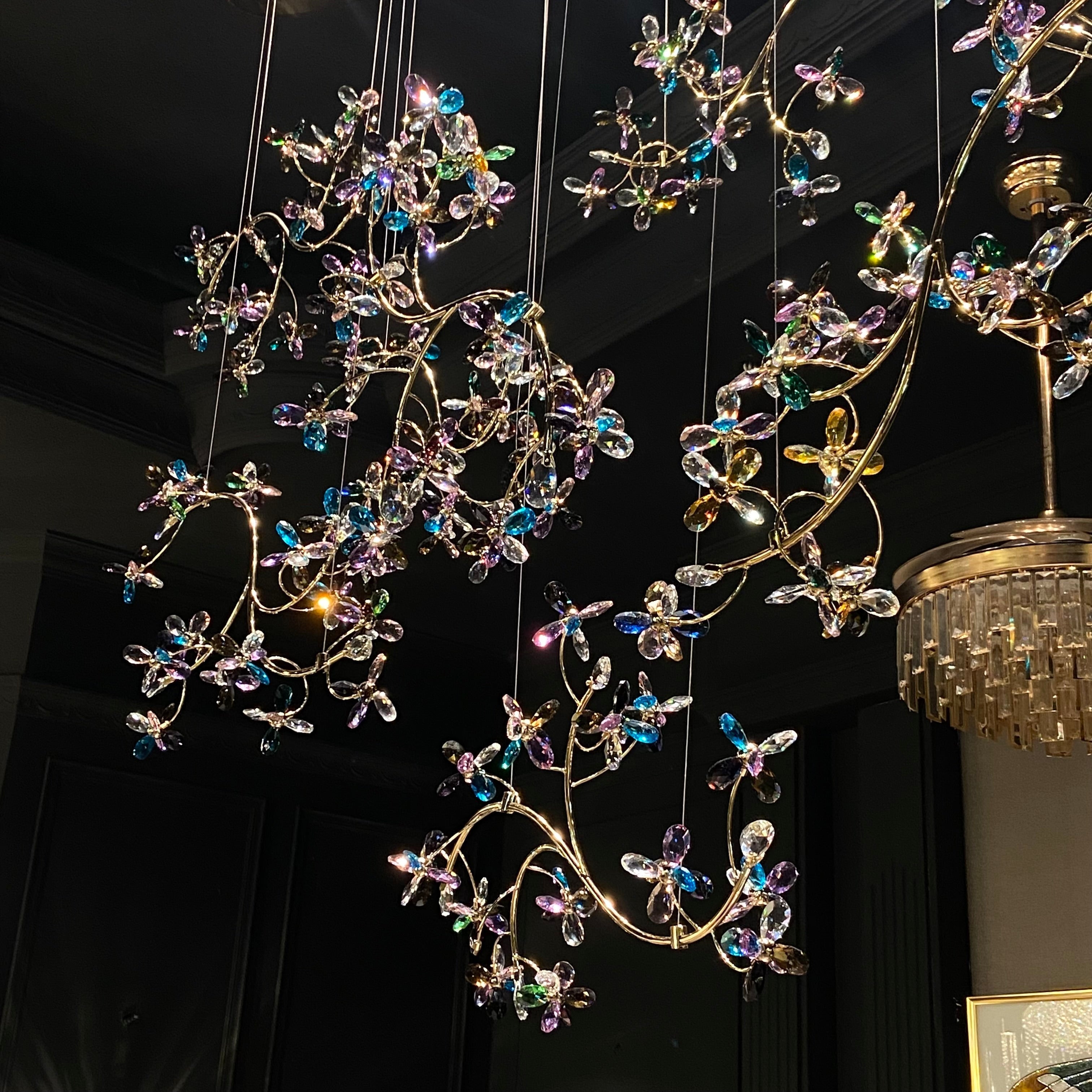 Exquisite Crystal Flower Branch Chandelier for Hotel Foyer and Entryway Ceiling Lighting Fixture - L47.2" * W17.7" * H47.2"/23.3kgChrome Branches+Chrome CanopyWarm LightBlushlighting