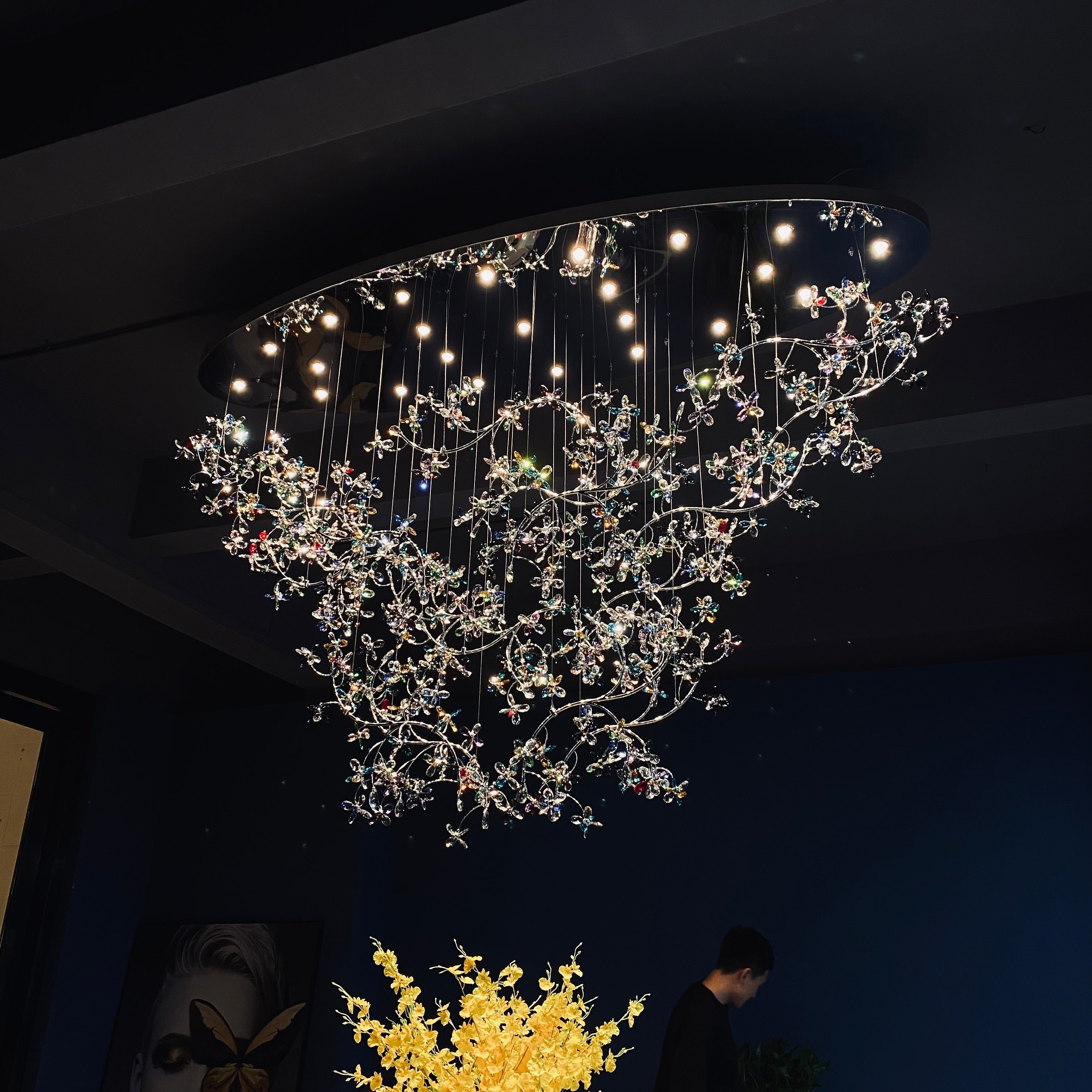 Exquisite Crystal Flower Branch Chandelier for Hotel Foyer and Entryway Ceiling Lighting Fixture - L47.2" * W17.7" * H47.2"/23.3kgChrome Branches+Chrome CanopyWarm LightBlushlighting